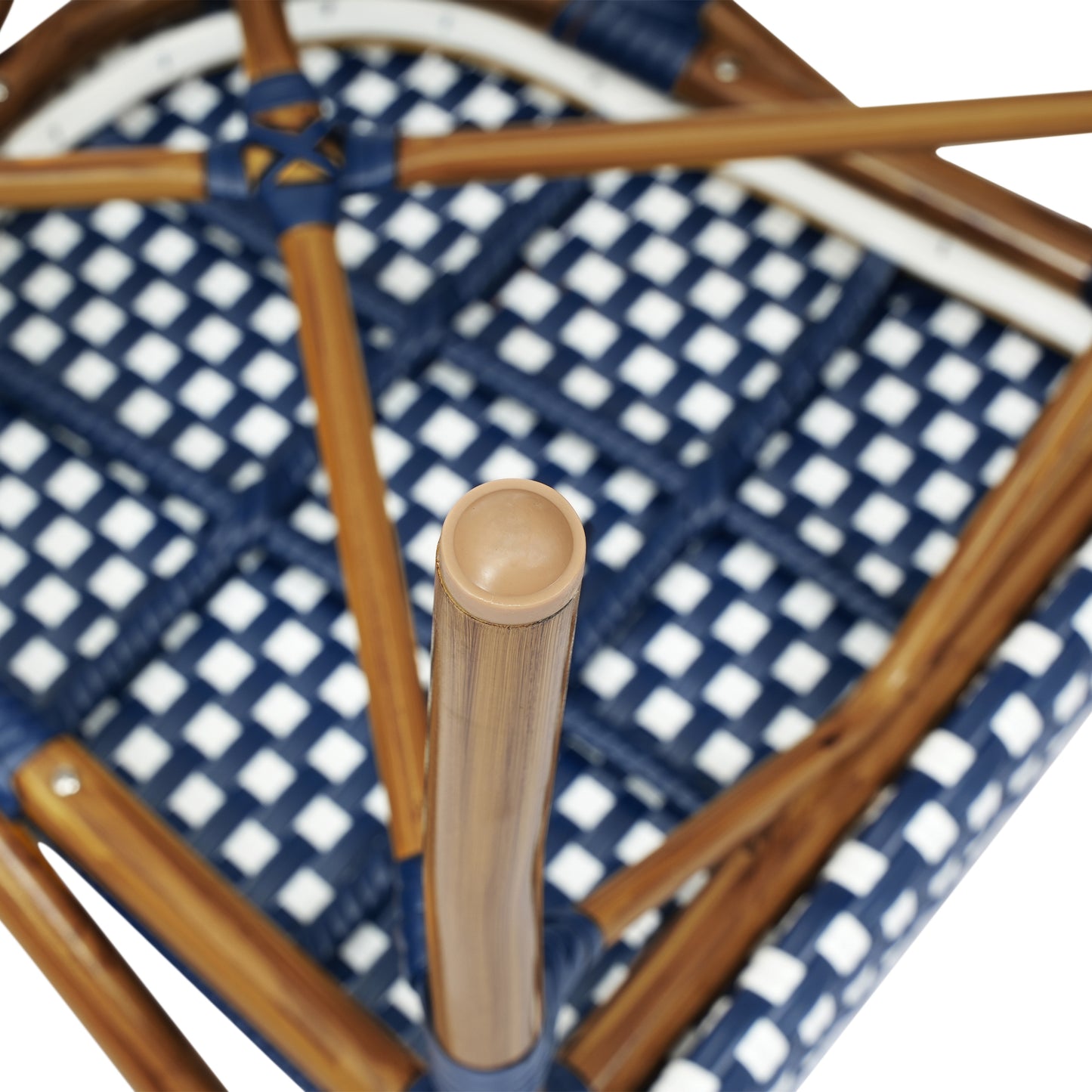 Bordeaux Indoor/Outdoor Commercial Bistro Stacking Chair with Arms, Navy and White PE Rattan and Bamboo Print Aluminum Frame in Natural Navy & White/Natural Frame