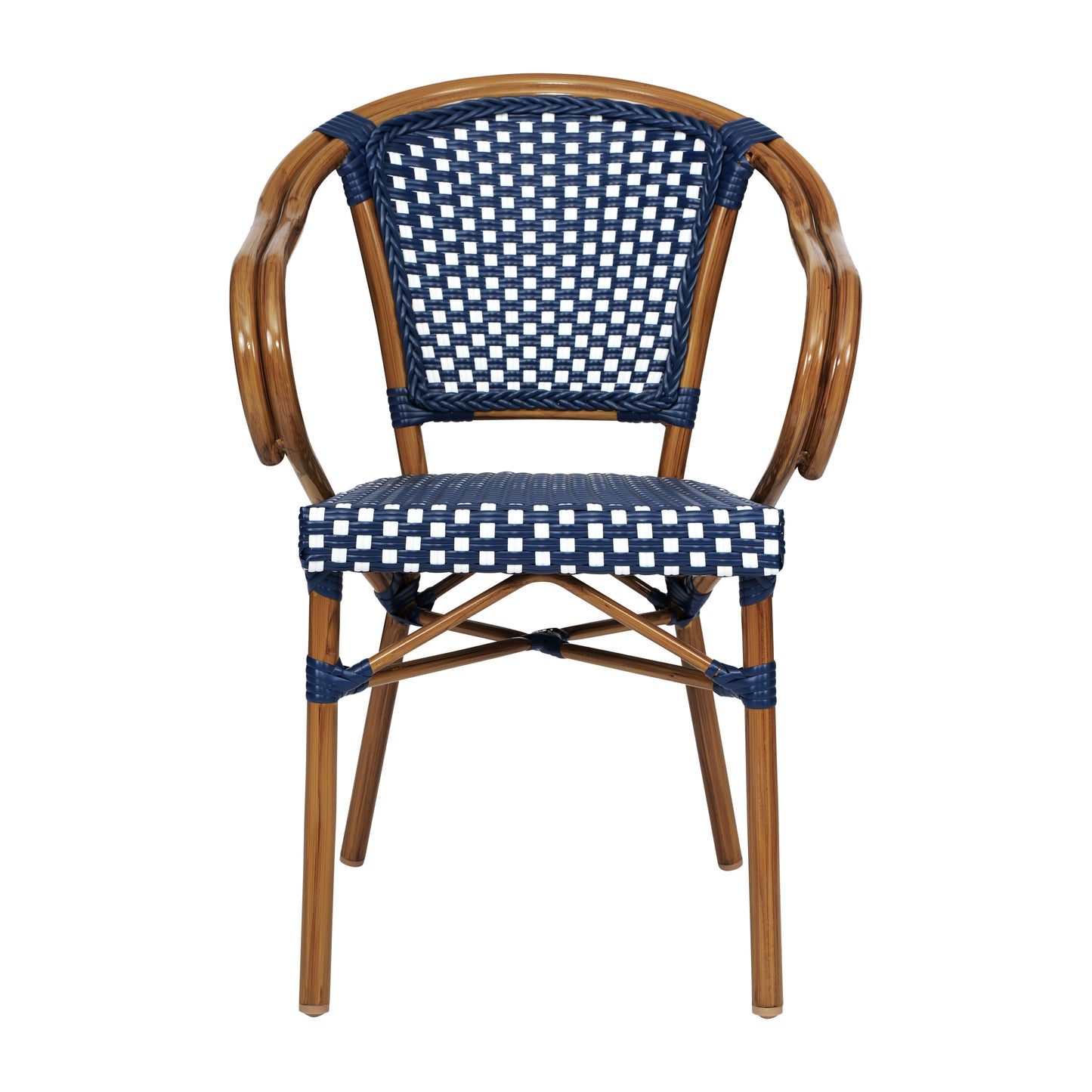 Bordeaux Indoor/Outdoor Commercial Bistro Stacking Chair with Arms, Navy and White PE Rattan and Bamboo Print Aluminum Frame in Natural Navy & White/Natural Frame