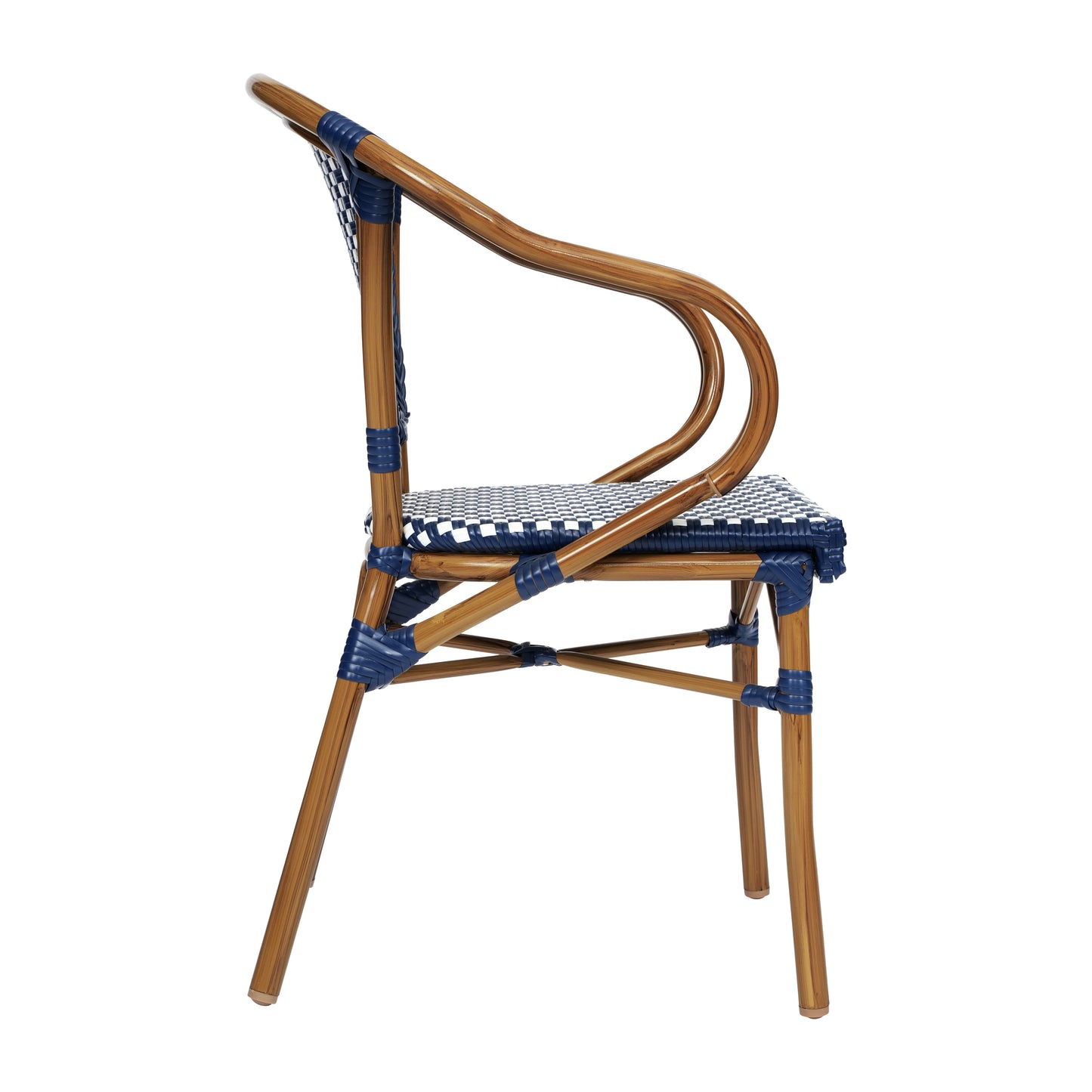 Bordeaux Indoor/Outdoor Commercial Bistro Stacking Chair with Arms, Navy and White PE Rattan and Bamboo Print Aluminum Frame in Natural Navy & White/Natural Frame
