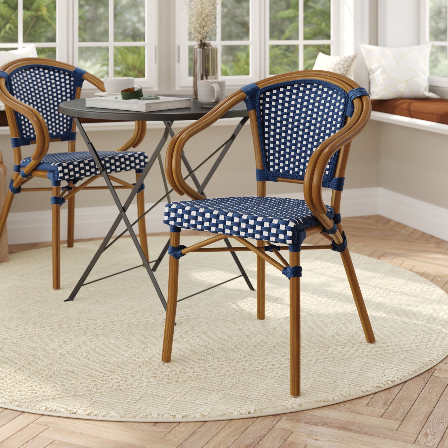 Bordeaux Indoor/Outdoor Commercial Bistro Stacking Chair with Arms, Navy and White PE Rattan and Bamboo Print Aluminum Frame in Natural Navy & White/Natural Frame