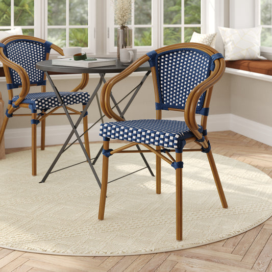 Bordeaux Indoor/Outdoor Commercial Bistro Stacking Chair with Arms, Navy and White PE Rattan and Bamboo Print Aluminum Frame in Natural Navy & White/Natural Frame