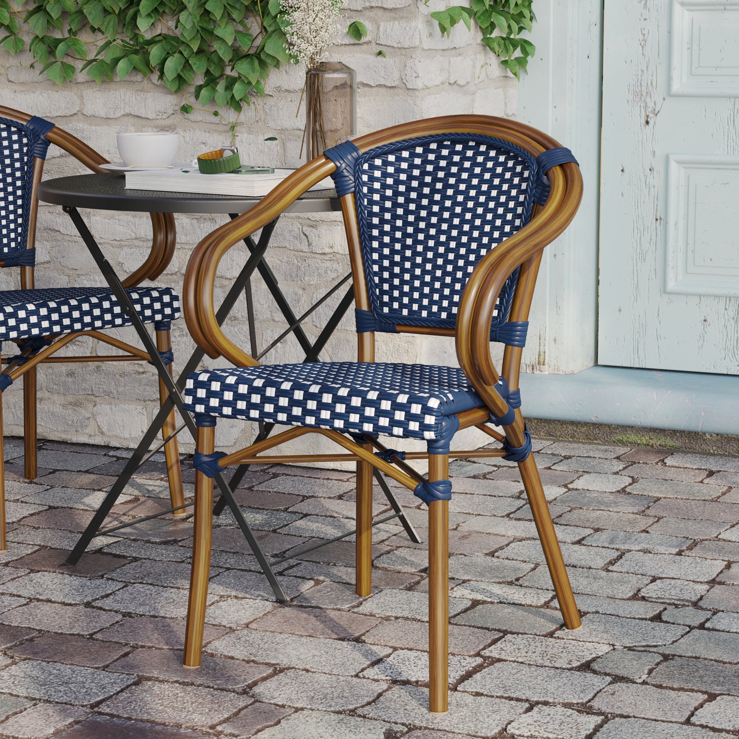 Bordeaux Indoor/Outdoor Commercial Bistro Stacking Chair with Arms, Navy and White PE Rattan and Bamboo Print Aluminum Frame in Natural Navy & White/Natural Frame