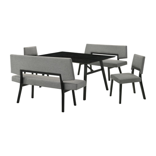 Channell 5 Piece Black Wood Dining Table Set with Benches in Charcoal Fabric