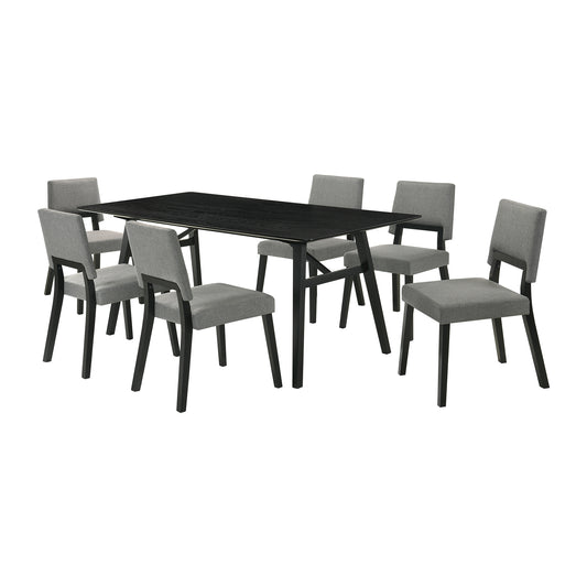 Channell 7 Piece Black Wood Dining Table Set with Charcoal Fabric
