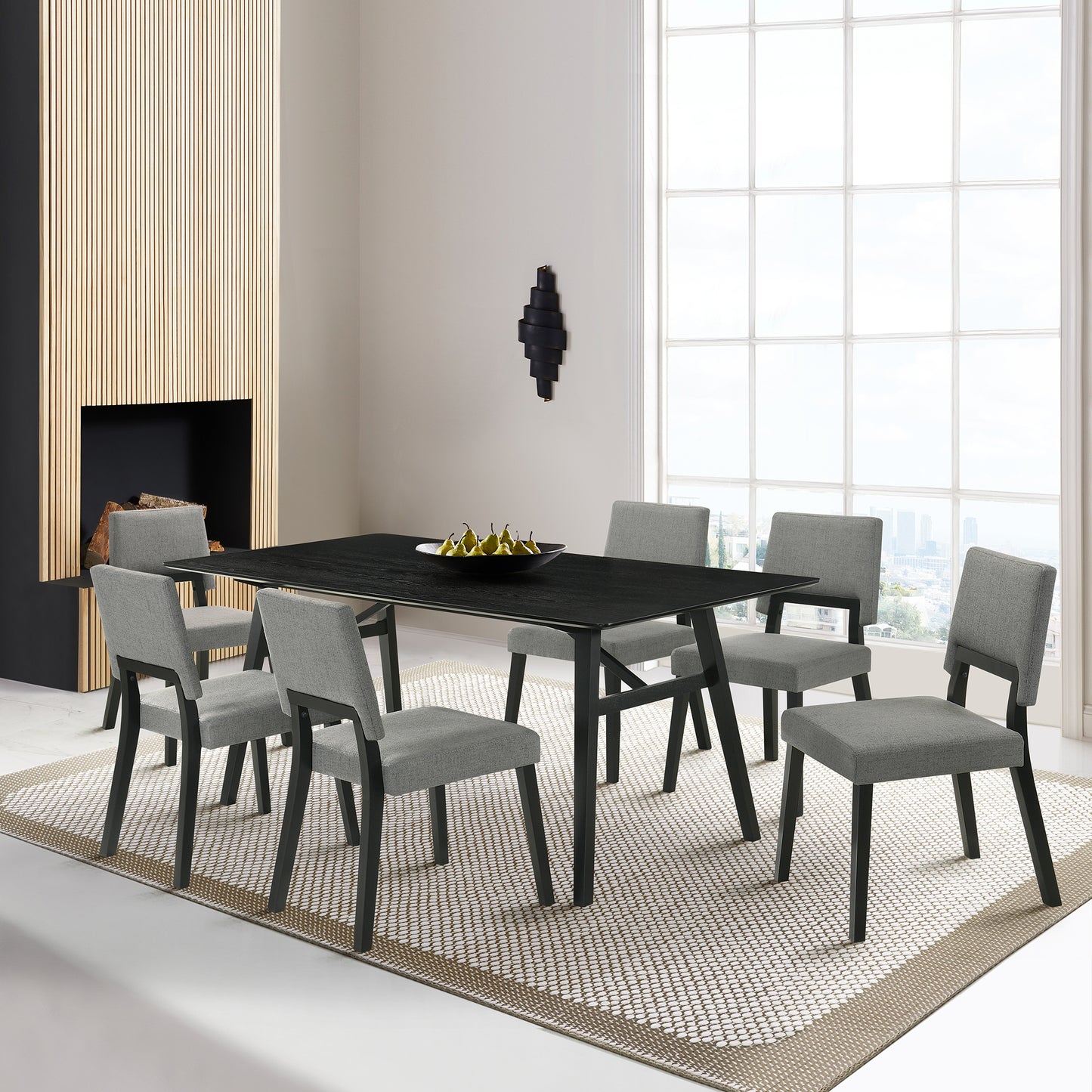 Channell 7 Piece Black Wood Dining Table Set with Charcoal Fabric