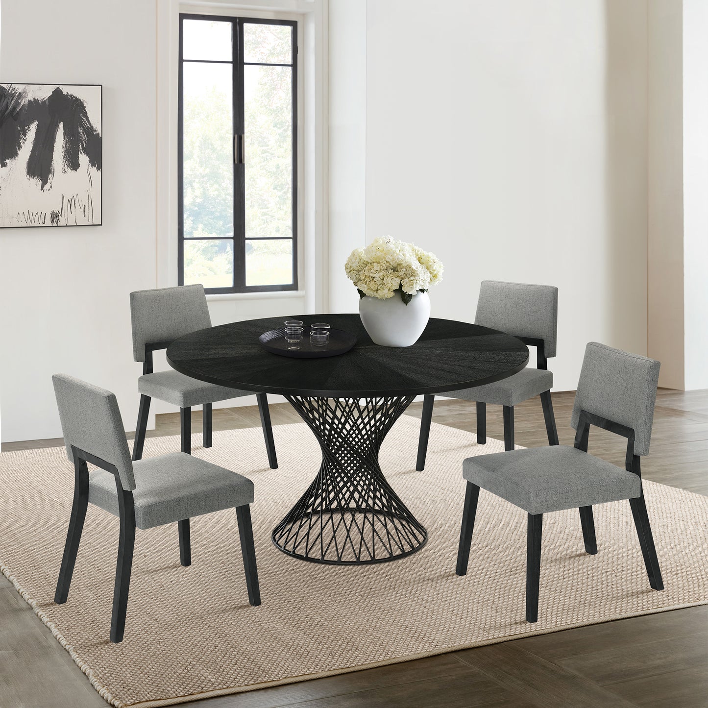 Cirque Channell 5 Piece Black Wood Dining Table Set with Charcoal Fabric