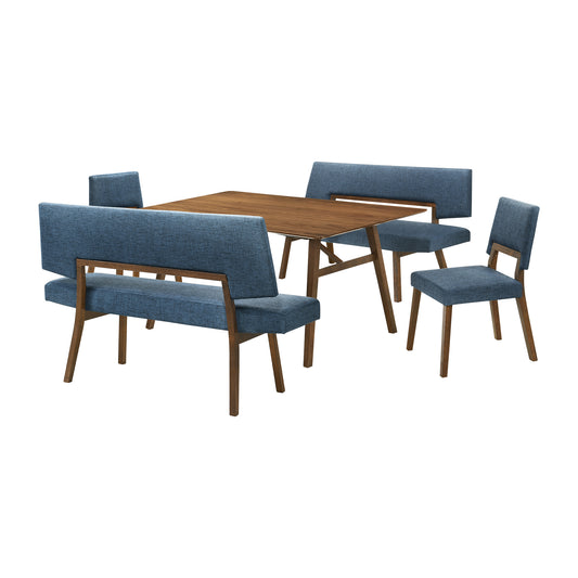Channell 5 Piece Walnut Wood Dining Table Set with Benches in Blue Fabric