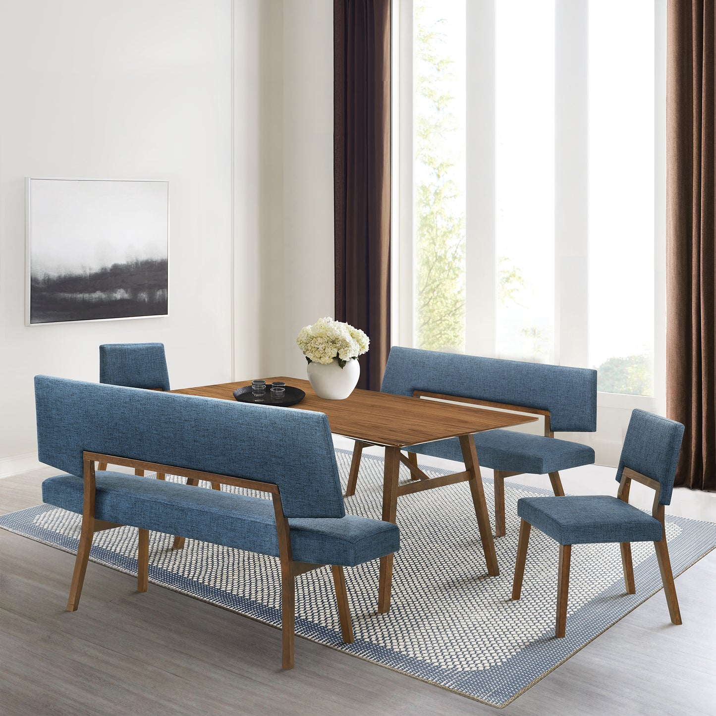 Channell 5 Piece Walnut Wood Dining Table Set with Benches in Blue Fabric