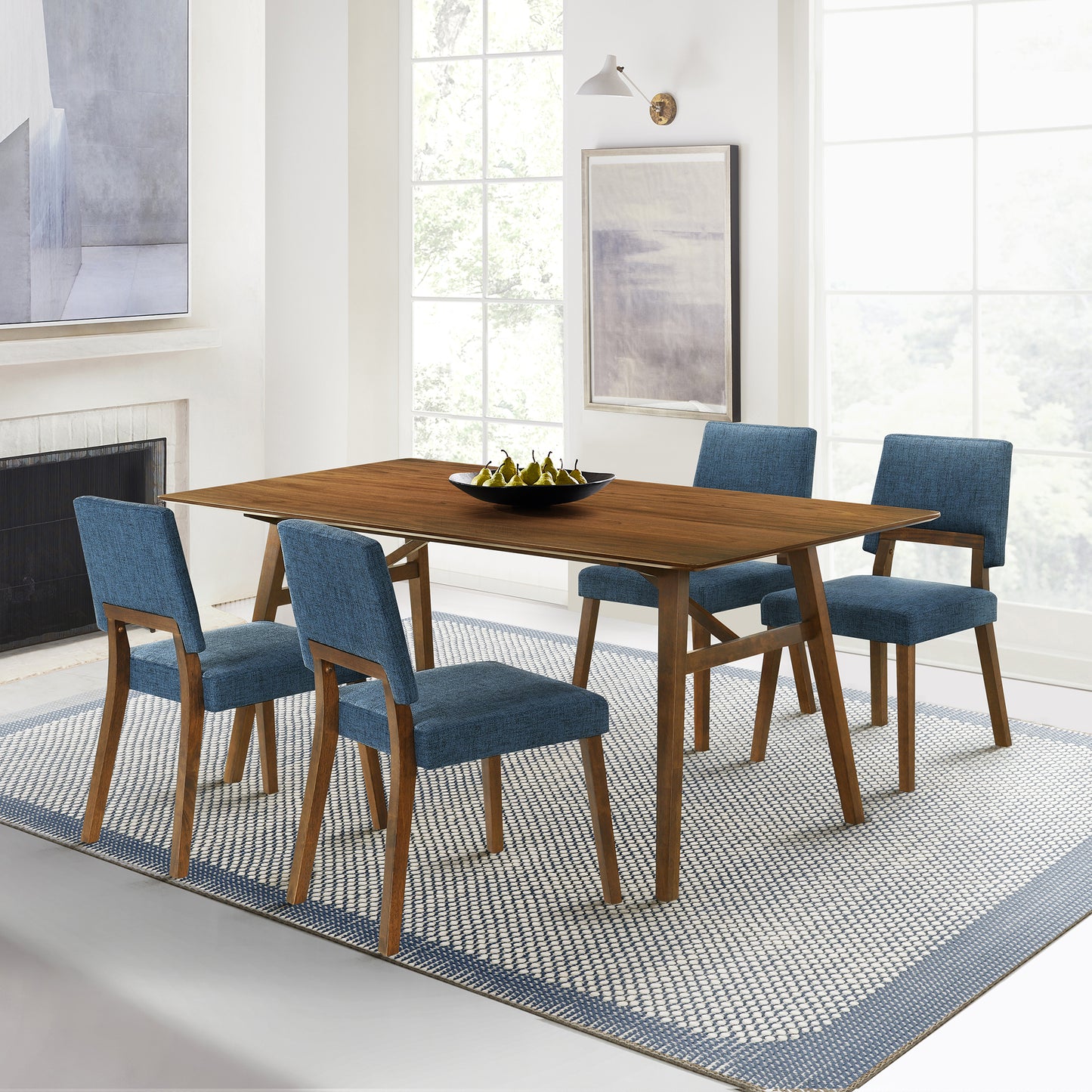 Channell 5 Piece Walnut Wood Dining Table Set with Blue Fabric