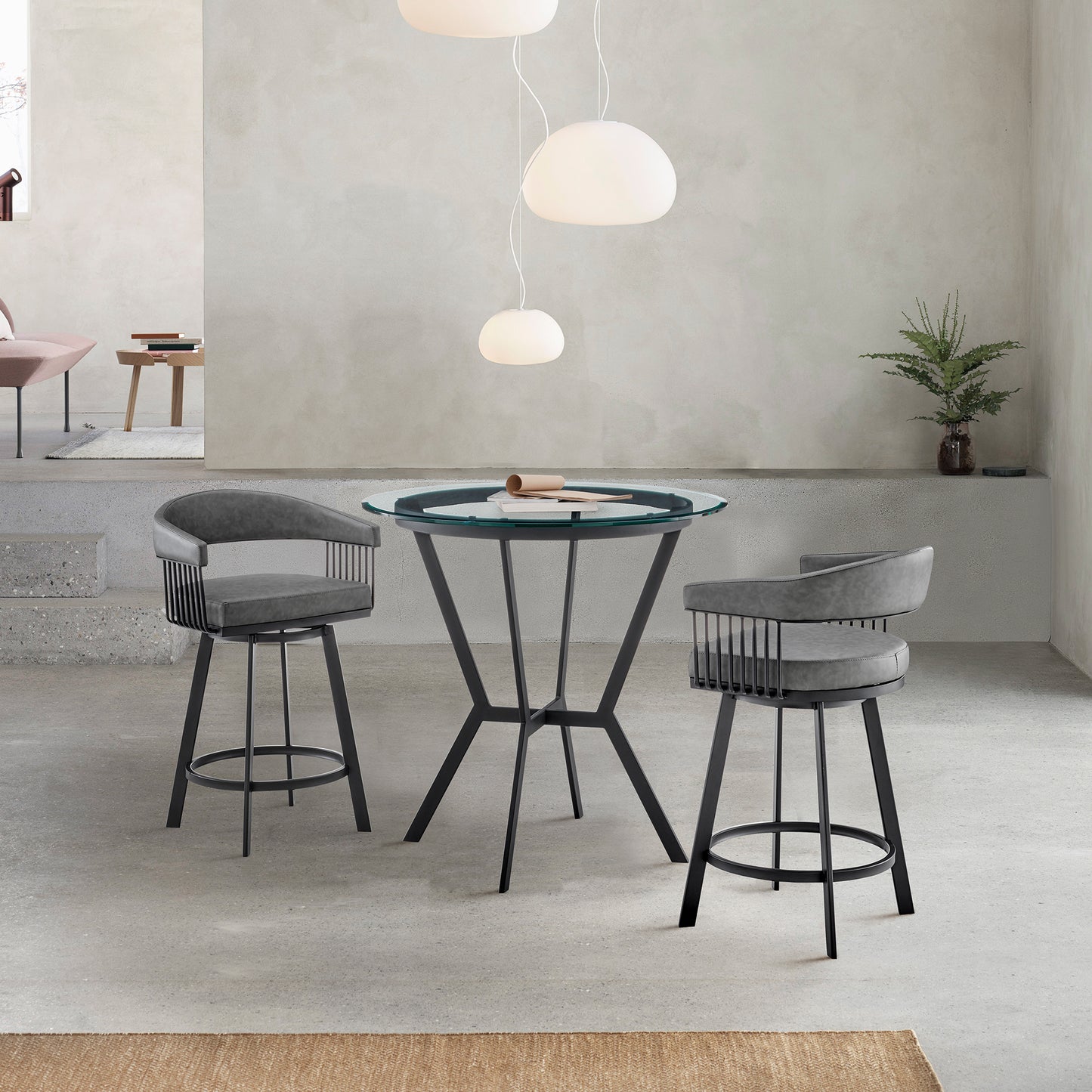 Naomi and Chelsea 3-Piece Counter Height Dining Set in Black Metal and Gray Faux Leather