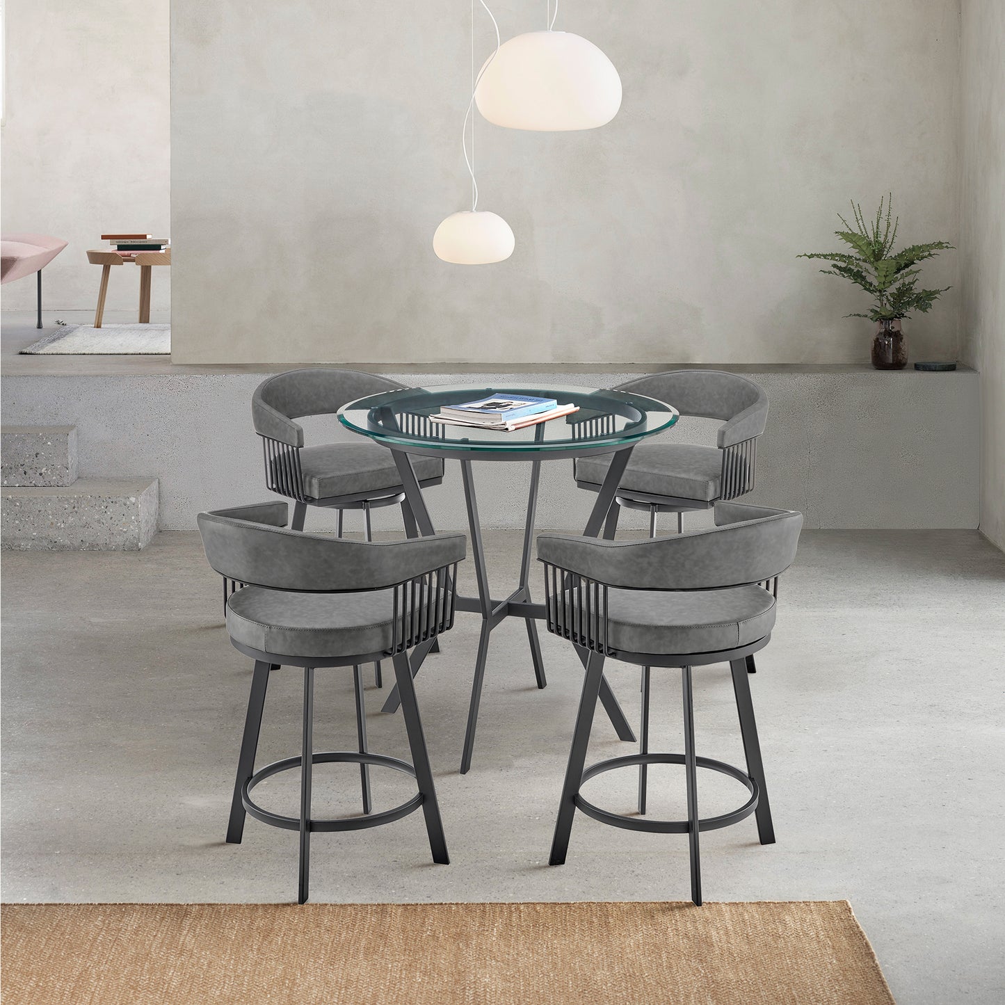 Naomi and Chelsea 5-Piece Counter Height Dining Set in Black Metal and Gray Faux Leather