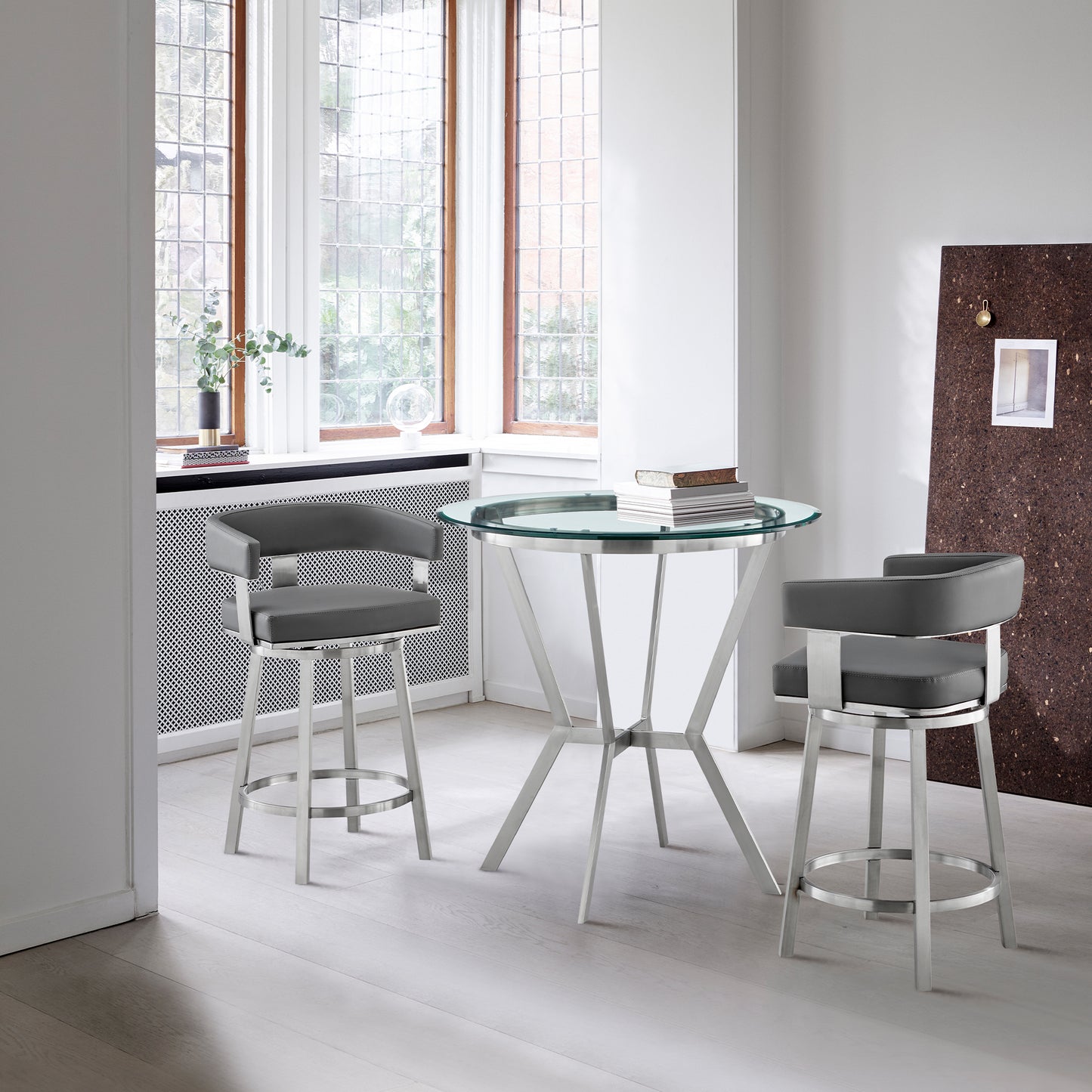 Naomi and Lorin 3-Piece Counter Height Dining Set in Brushed Stainless Steel and Gray Faux Leather