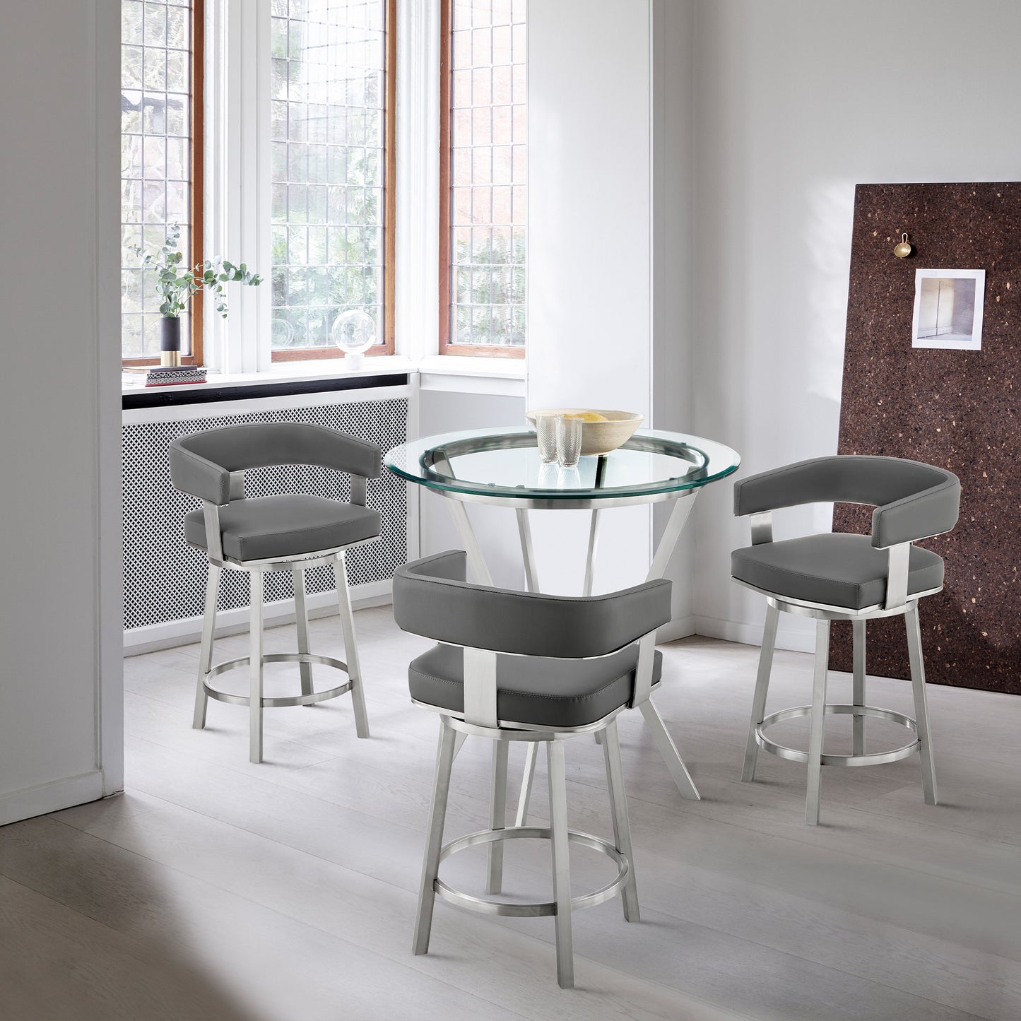 Naomi and Lorin 4-Piece Counter Height Dining Set in Brushed Stainless Steel and Gray Faux Leather