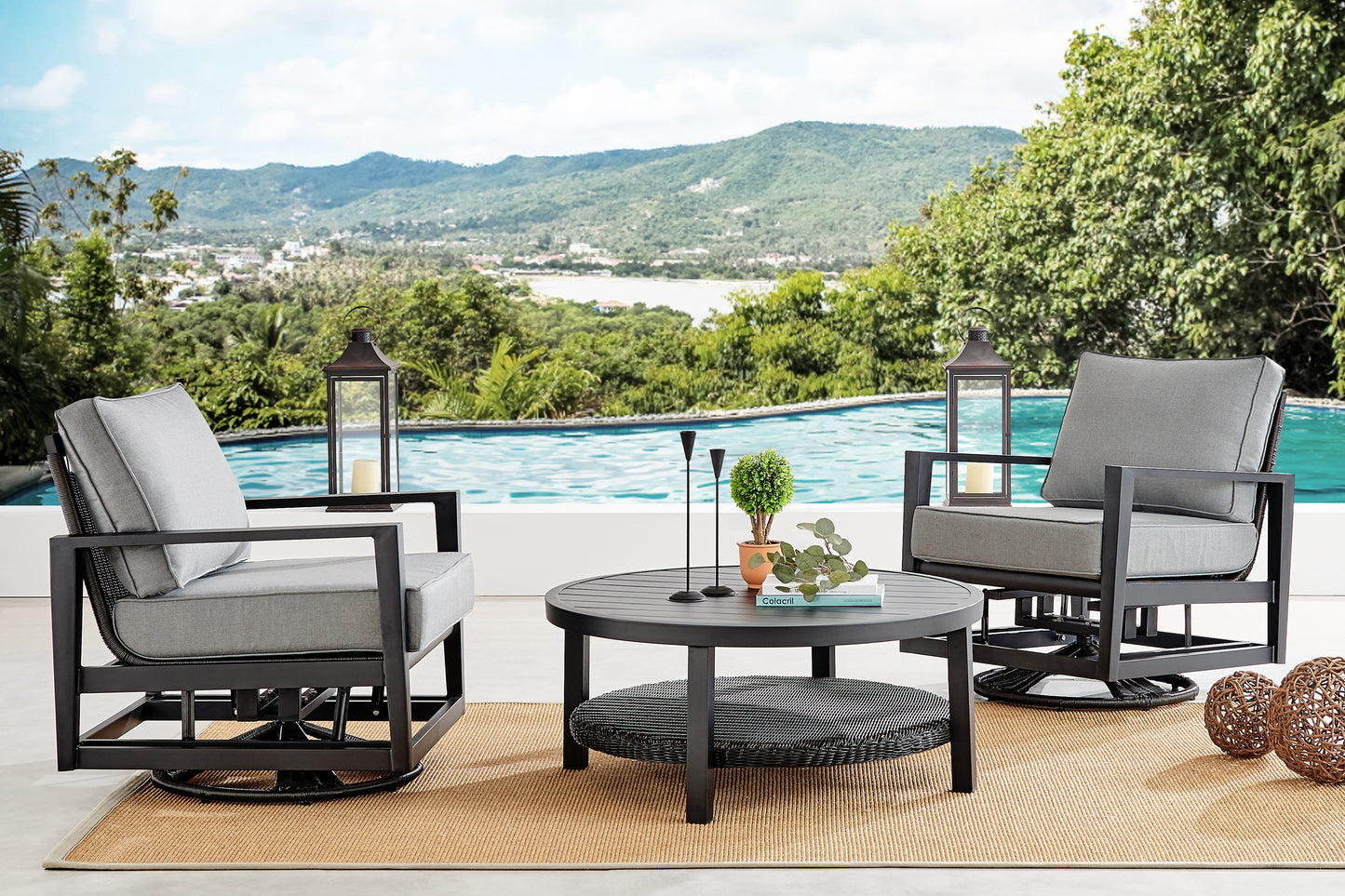 Cayman 3 Piece Black Aluminum Outdoor Seating Set with Dark Gray Cushions