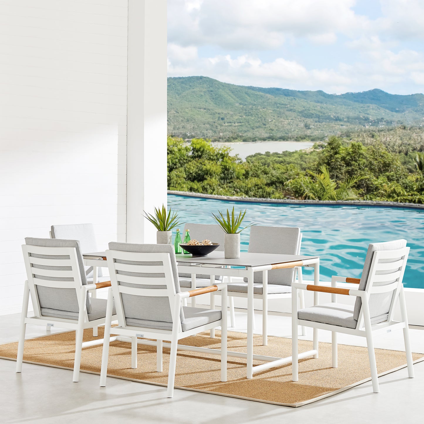 Crown 7 Piece White Aluminum and Teak Outdoor Dining Set with Light Gray Fabric
