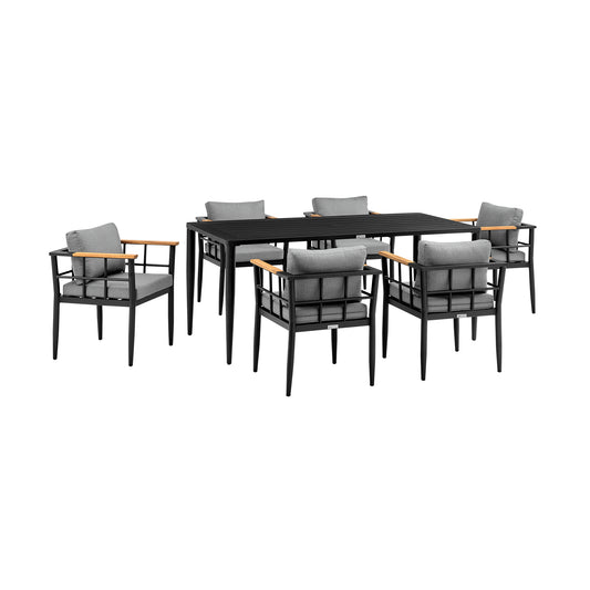 Ezra Outdoor Patio 7-Piece Dining Table Set in Aluminum and Teak with Gray Cushions