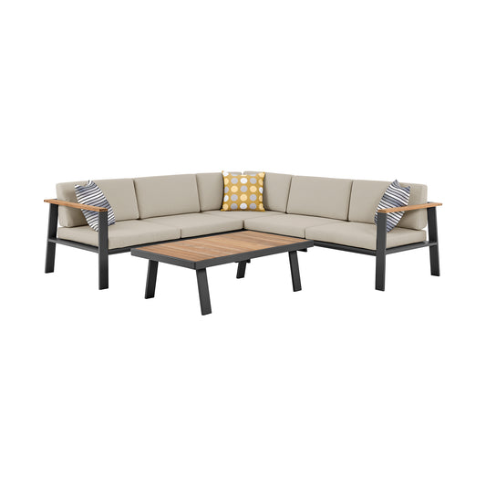 Nofi Outdoor Patio Sectional Set in Charcoal Finish with Taupe Cushions and Teak Wood