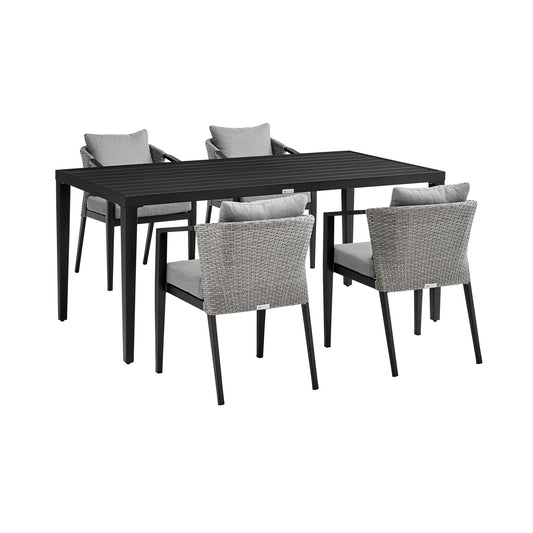 Palma Outdoor Patio 5-Piece Dining Table Set in Aluminum and Wicker with Gray Cushions