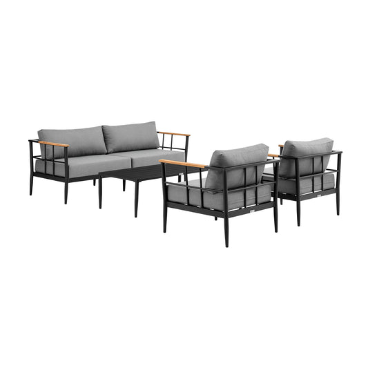 Veyda Outdoor Patio 4-Piece Lounge Set in Aluminum with Teak Wood and Gray Cushions
