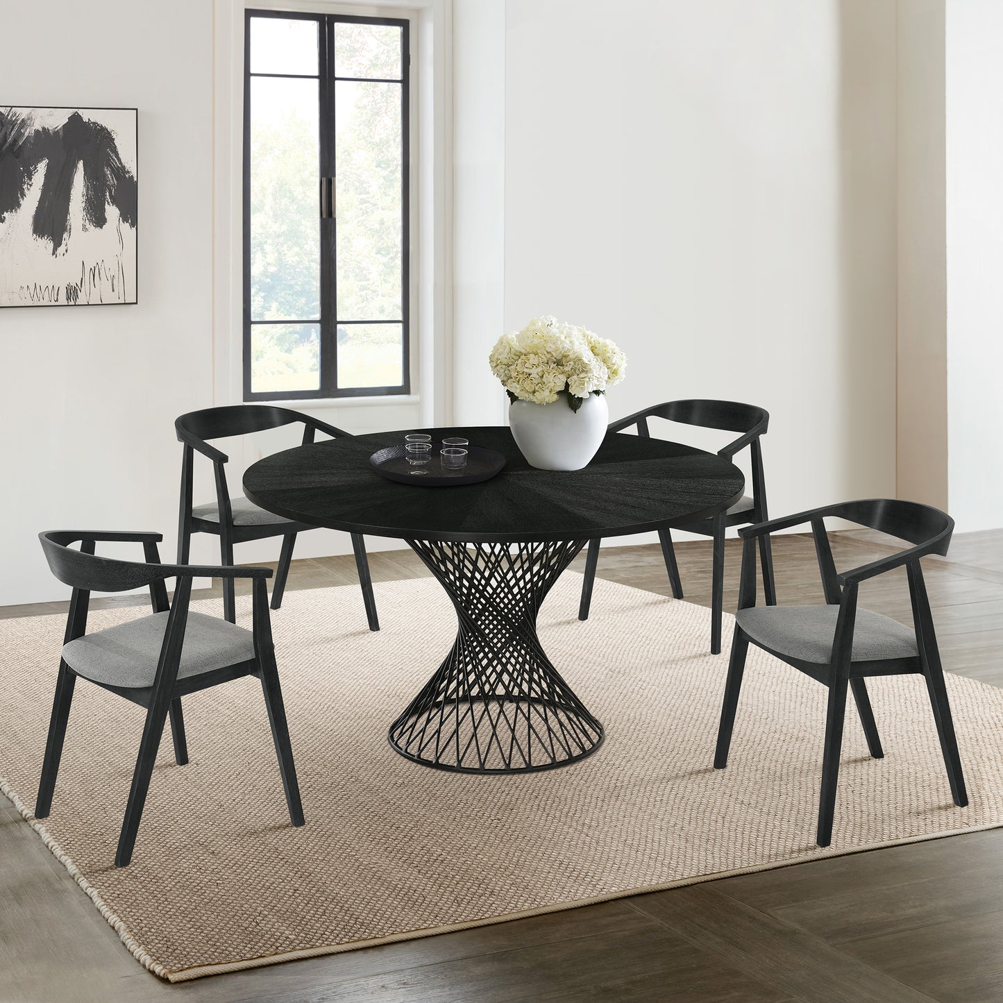 Cirque Santana 5 Piece Black Wood Dining Table Set with Charcoal Fabric