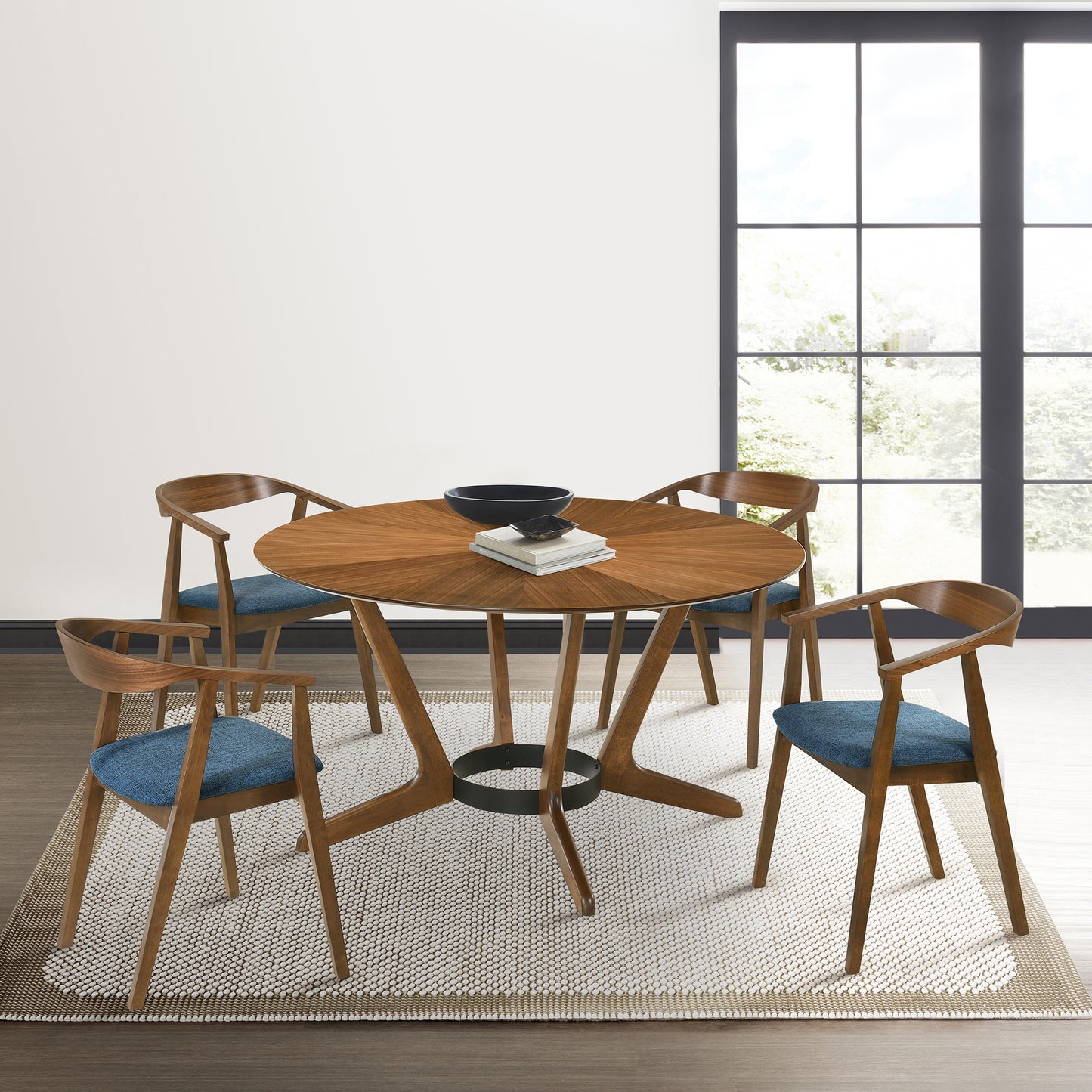 Santana 5 Piece Round Walnut Wood Dining Table Set with Blue Fabric