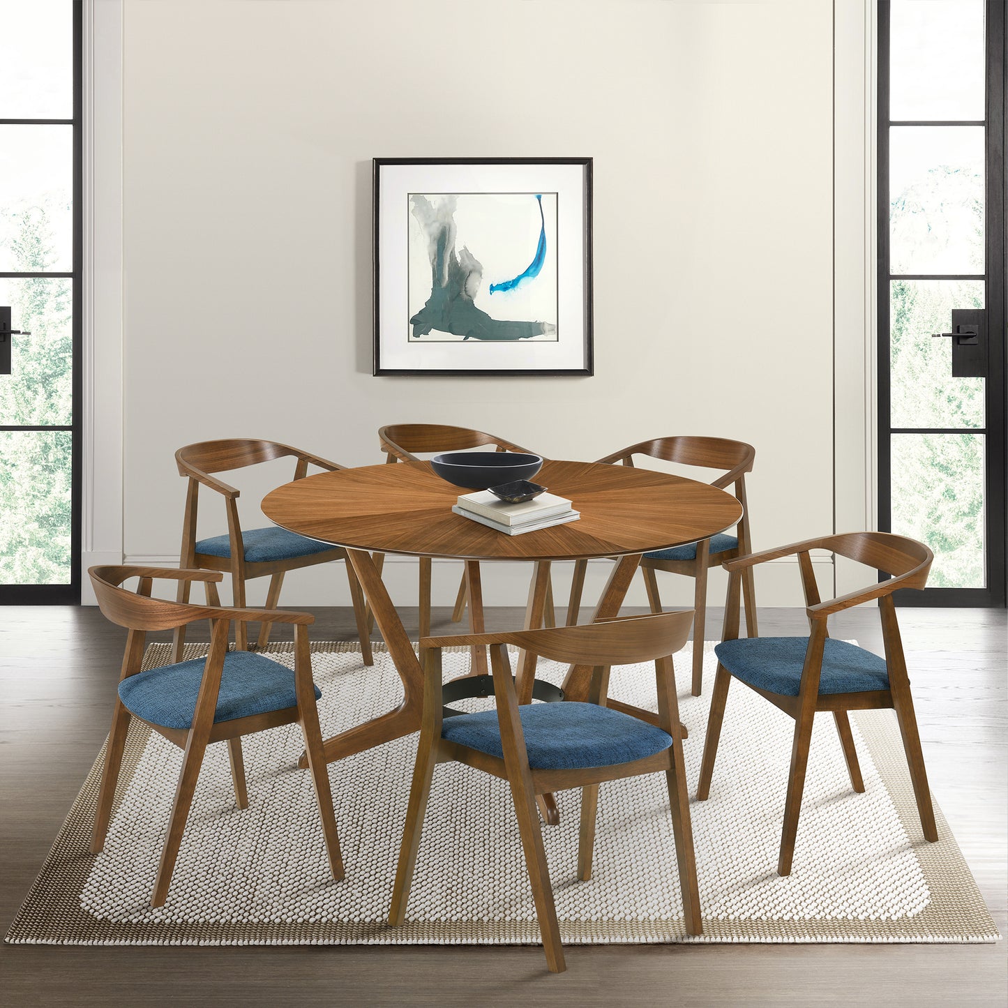 Santana 7 Piece Round Walnut Wood Dining Table Set with Blue Fabric