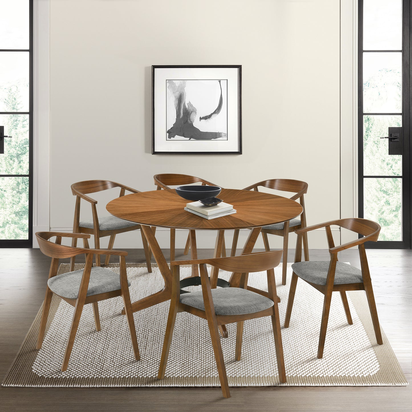 Santana 7 Piece Round Walnut Wood Dining Table Set with Charcoal Fabric