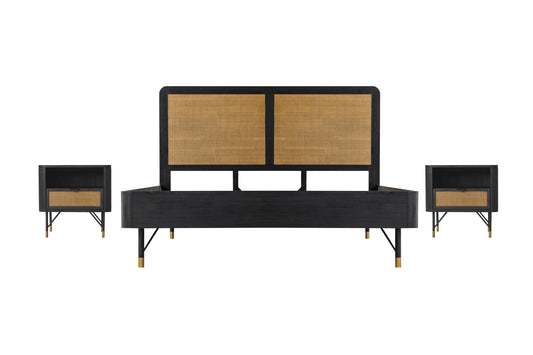 Saratoga 3 Piece King Bedroom Set in Black Acacia Wood and Rattan