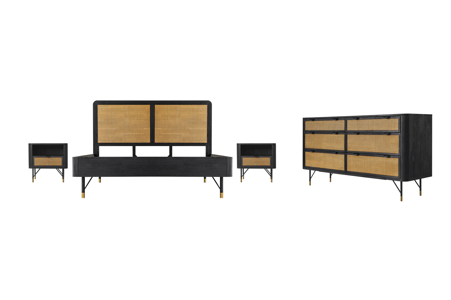 Saratoga 4 Piece King Bedroom Set in Black Acacia Wood and Rattan