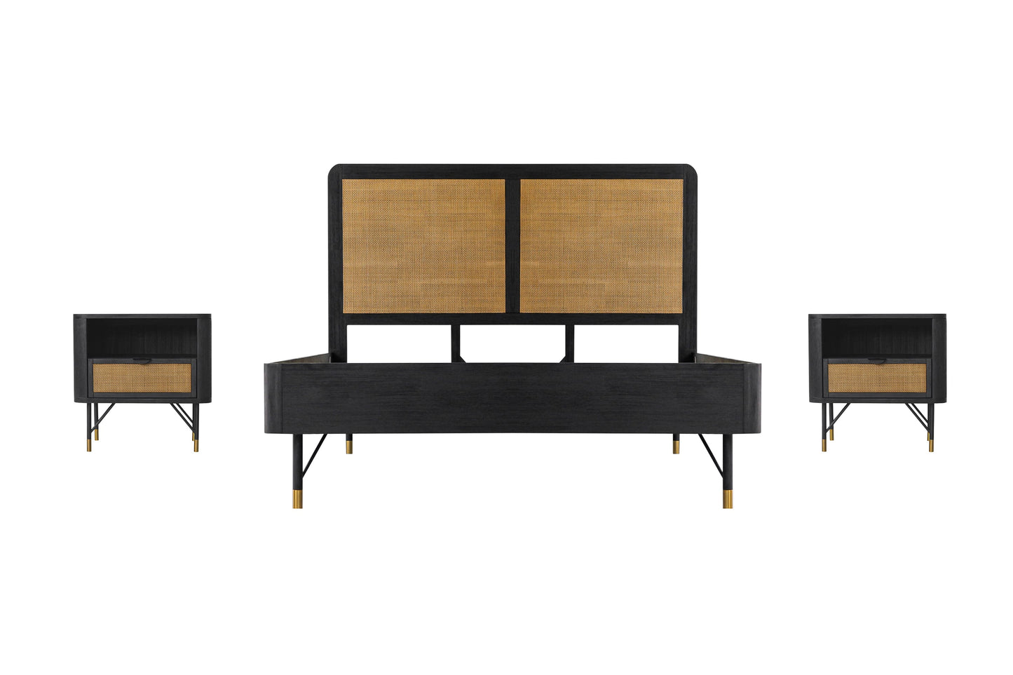 Saratoga 3 Piece Queen Bedroom Set in Black Acacia Wood and Rattan