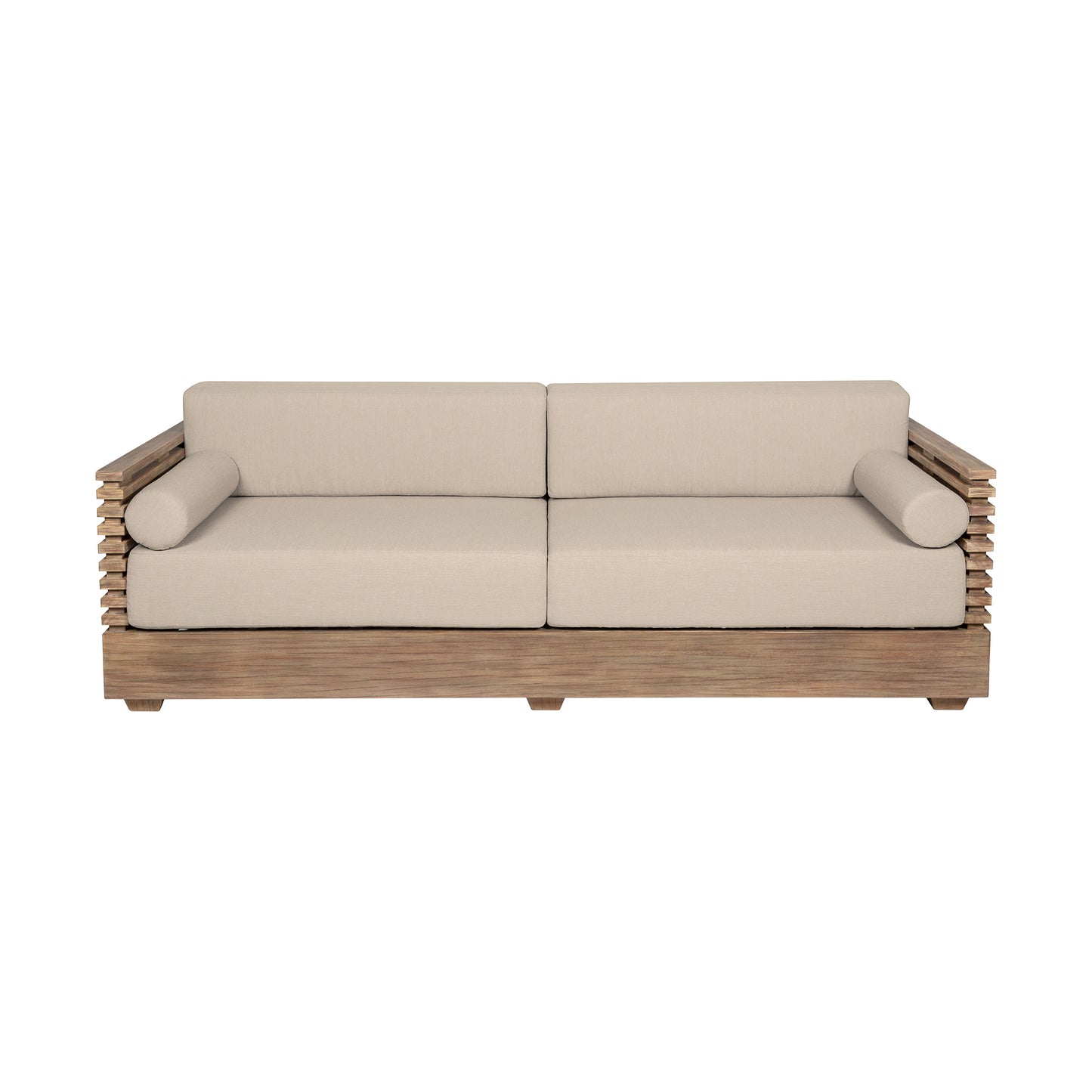 Vivid Outdoor Patio 4 Piece Conversation Set in Light Eucalyptus Wood with Taupe Olefin Cushions