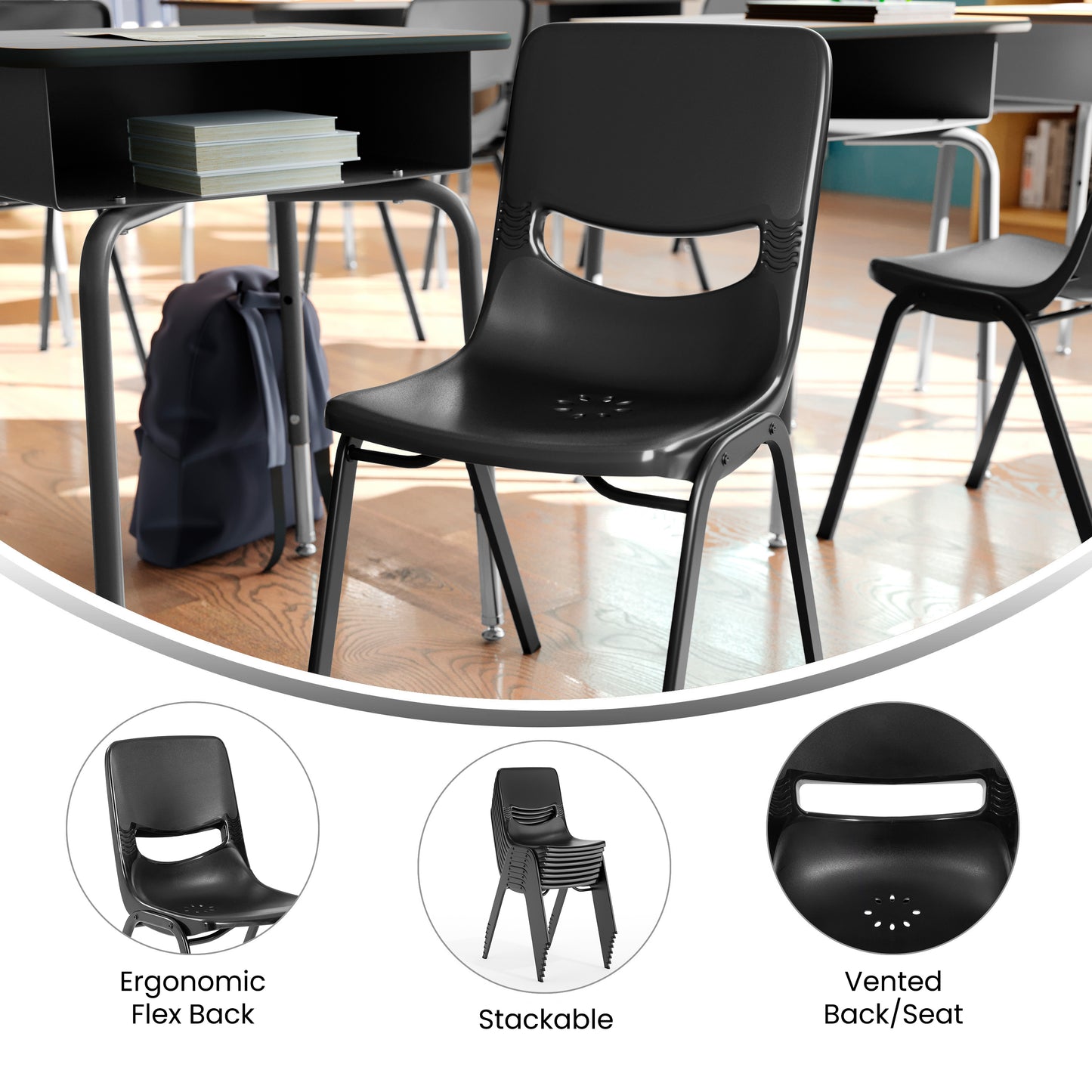 HERCULES Heavy-Duty Flex Comfort Classroom Stack Chair with Powder-Coated Frame and Black Ergonomic Back and Seat Black