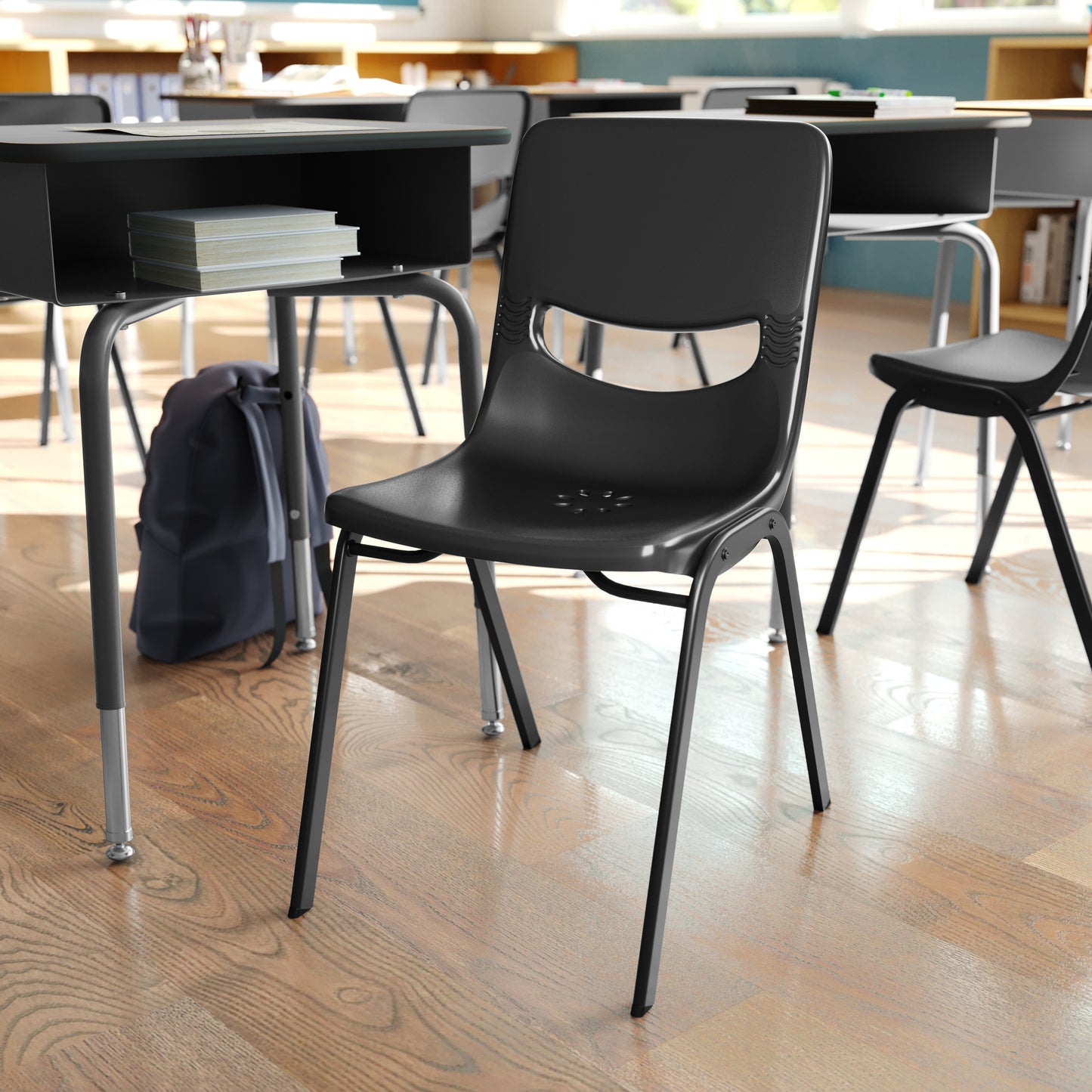 HERCULES Heavy-Duty Flex Comfort Classroom Stack Chair with Powder-Coated Frame and Black Ergonomic Back and Seat Black