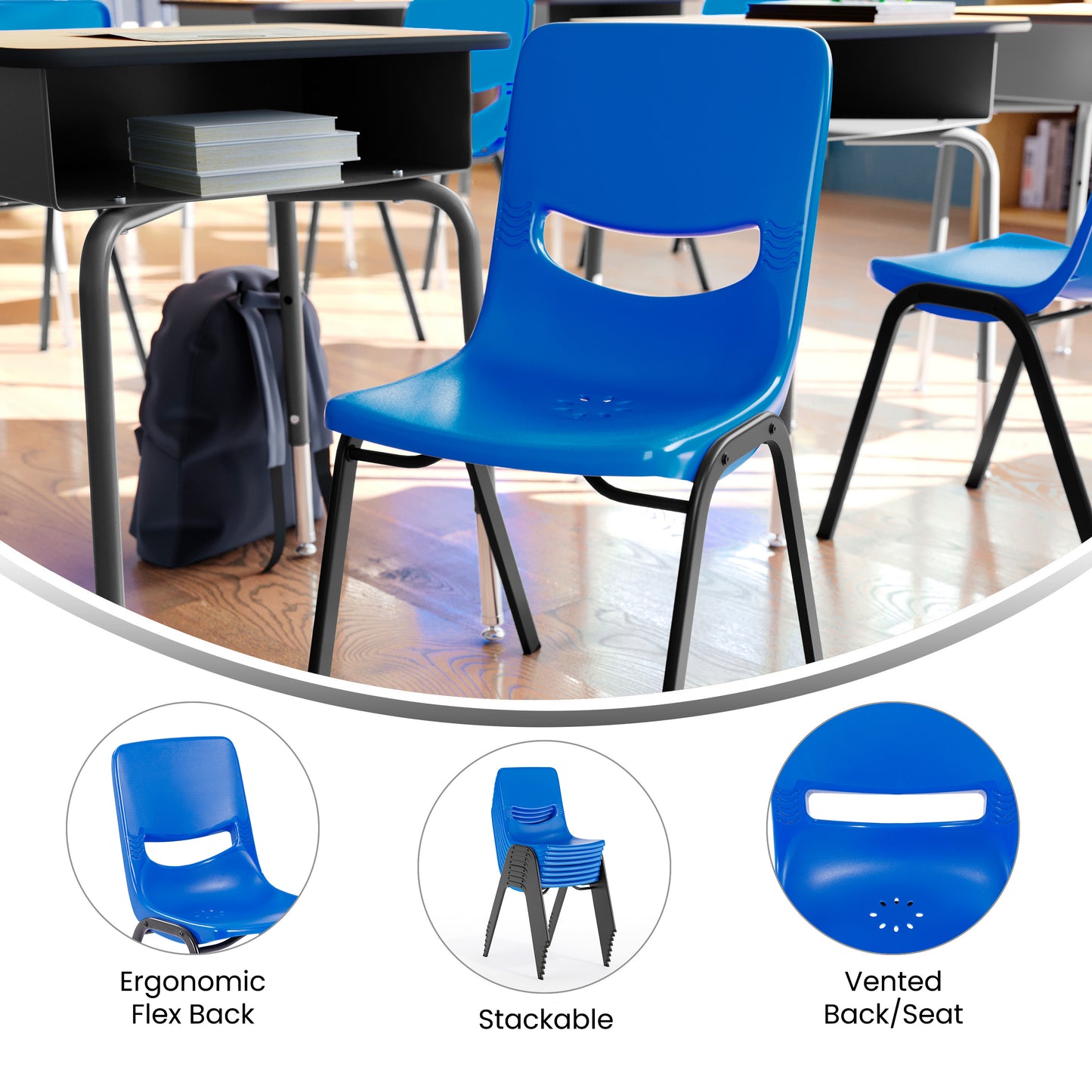 HERCULES Heavy-Duty Flex Comfort Classroom Stack Chair with Powder-Coated Frame and Navy Ergonomic Back and Seat Navy