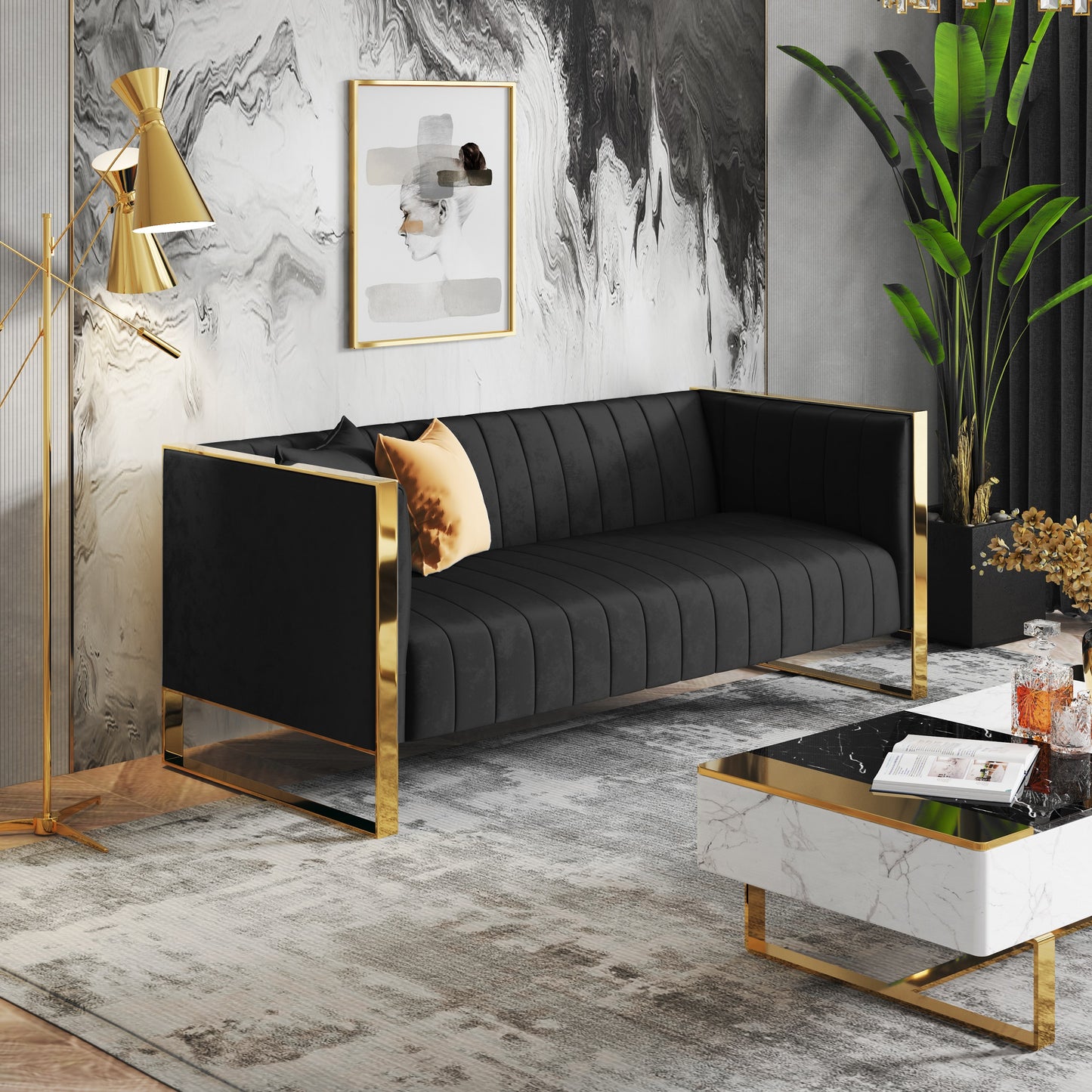 Manhattan Comfort Trillium 83.07 in. Black and Gold 3-Seat Sofa SF009-BK