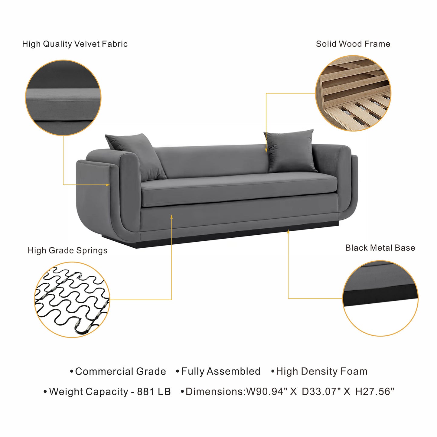Edmonda Modern 91" Velvet Sofa, Upholstered Contemporary Living Room Seating