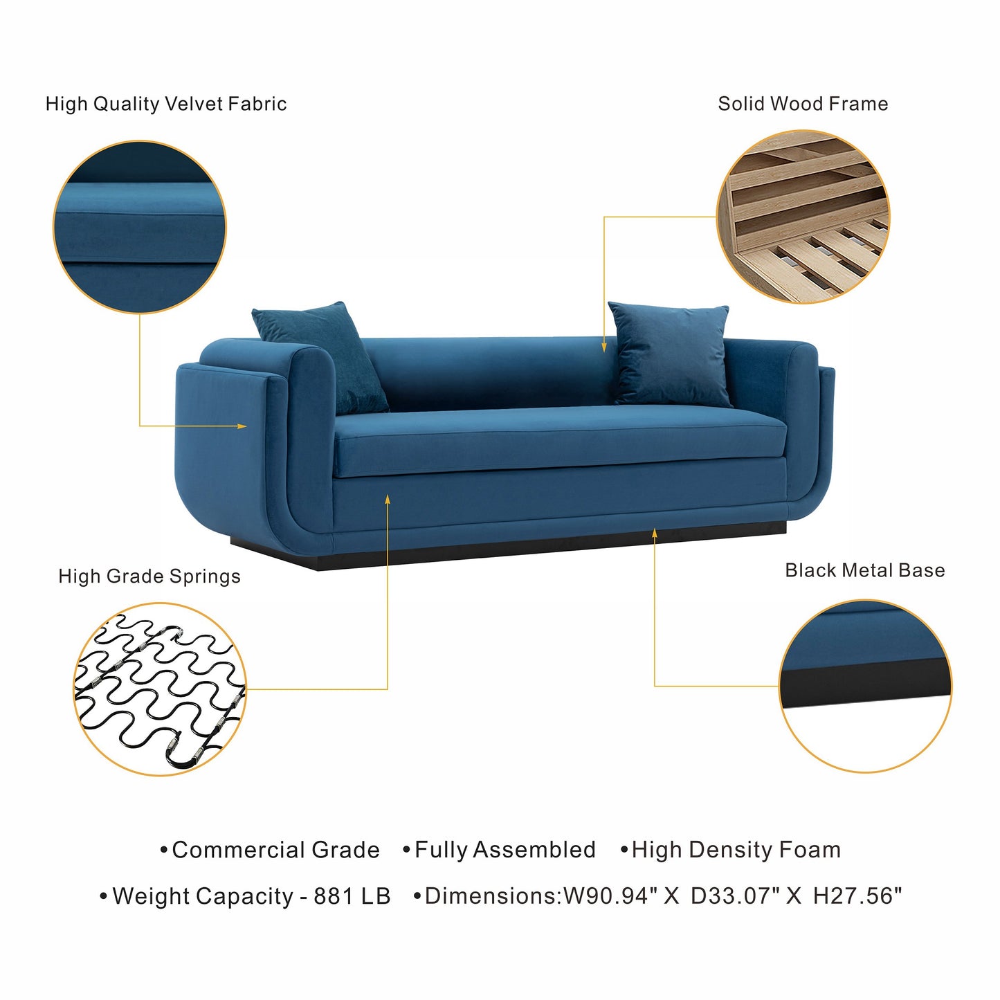 Edmonda Modern 91" Velvet Sofa, Upholstered Contemporary Living Room Seating