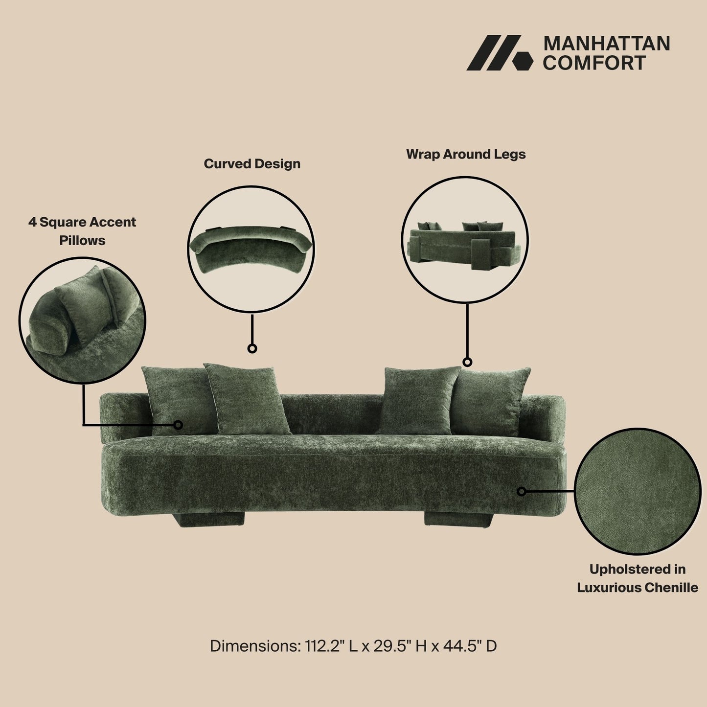 Verandah Mid-Century Modern 112" Chenille Sofa — Plush Upholstered Three-Seat Design
