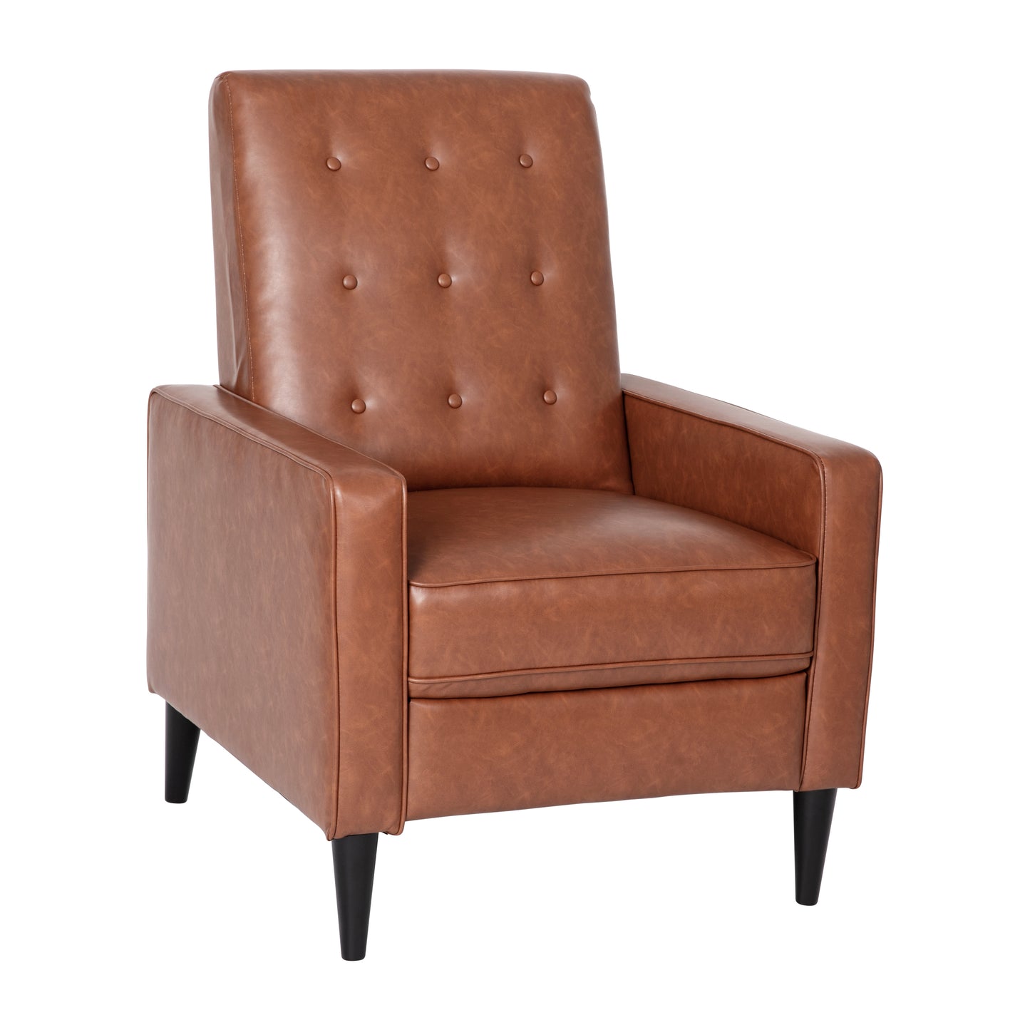 Ezra Mid-Century Modern LeatherSoft Upholstered Button Tufted Pushback Recliner in Cognac Brown for Residential & Commercial Use Cognac Brown