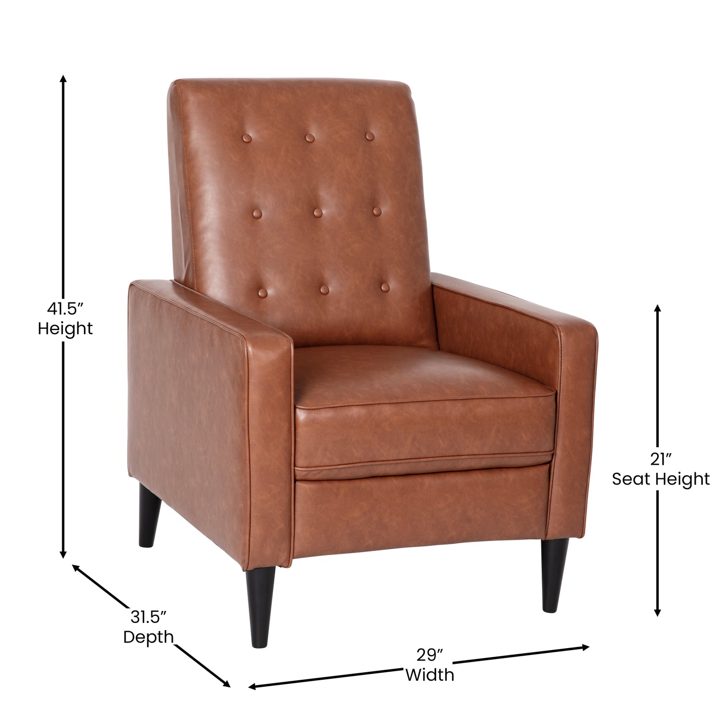 Ezra Mid-Century Modern LeatherSoft Upholstered Button Tufted Pushback Recliner in Cognac Brown for Residential & Commercial Use Cognac Brown
