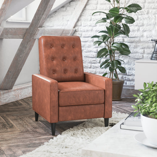 Ezra Mid-Century Modern LeatherSoft Upholstered Button Tufted Pushback Recliner in Cognac Brown for Residential & Commercial Use Cognac Brown