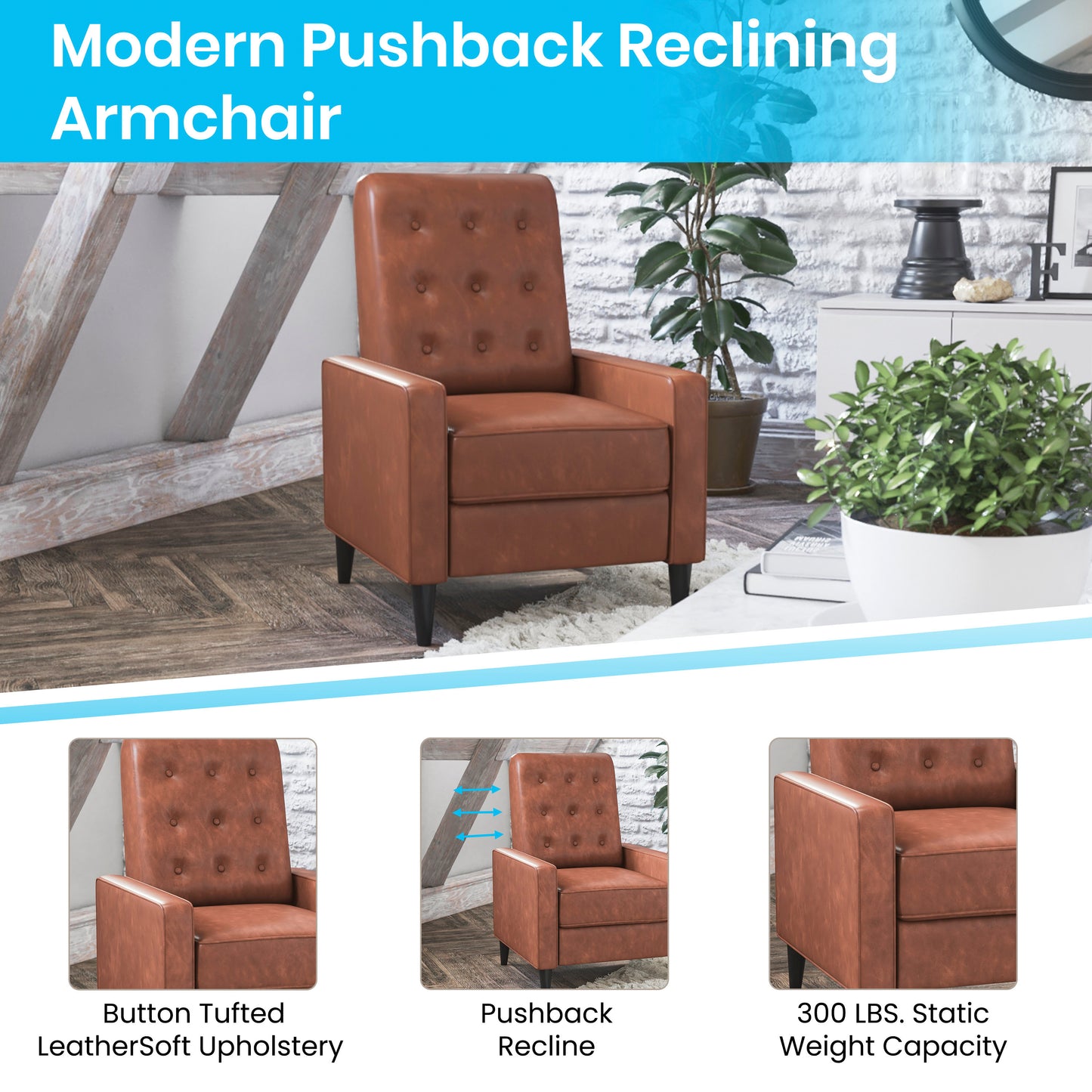 Ezra Mid-Century Modern LeatherSoft Upholstered Button Tufted Pushback Recliner in Cognac Brown for Residential & Commercial Use Cognac Brown