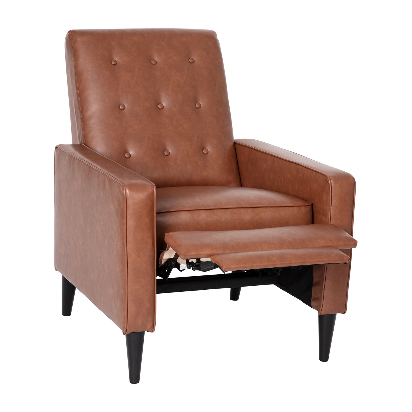 Ezra Mid-Century Modern LeatherSoft Upholstered Button Tufted Pushback Recliner in Cognac Brown for Residential & Commercial Use Cognac Brown