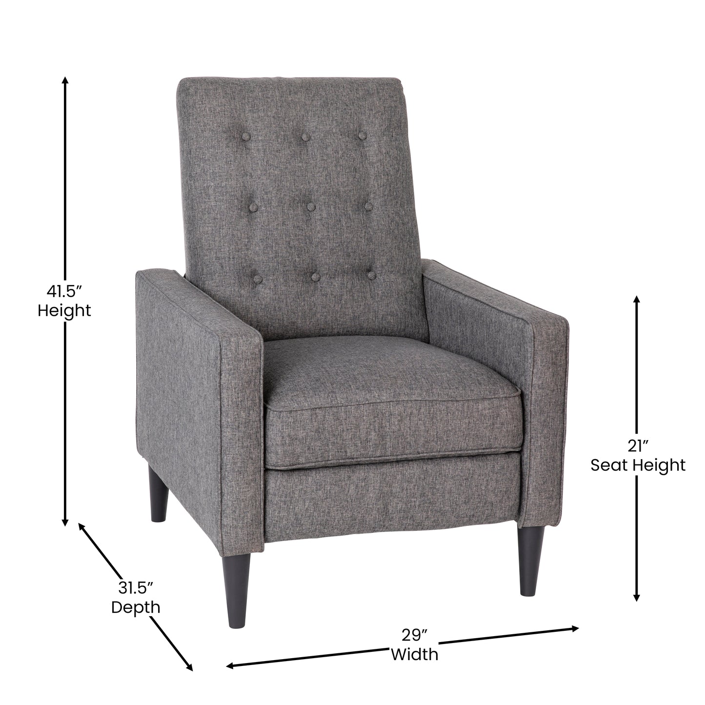 Ezra Mid-Century Modern Fabric Upholstered Button Tufted Pushback Recliner in Gray for Residential & Commercial Use Gray