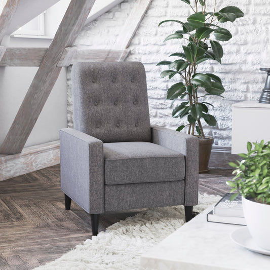 Ezra Mid-Century Modern Fabric Upholstered Button Tufted Pushback Recliner in Gray for Residential & Commercial Use Gray