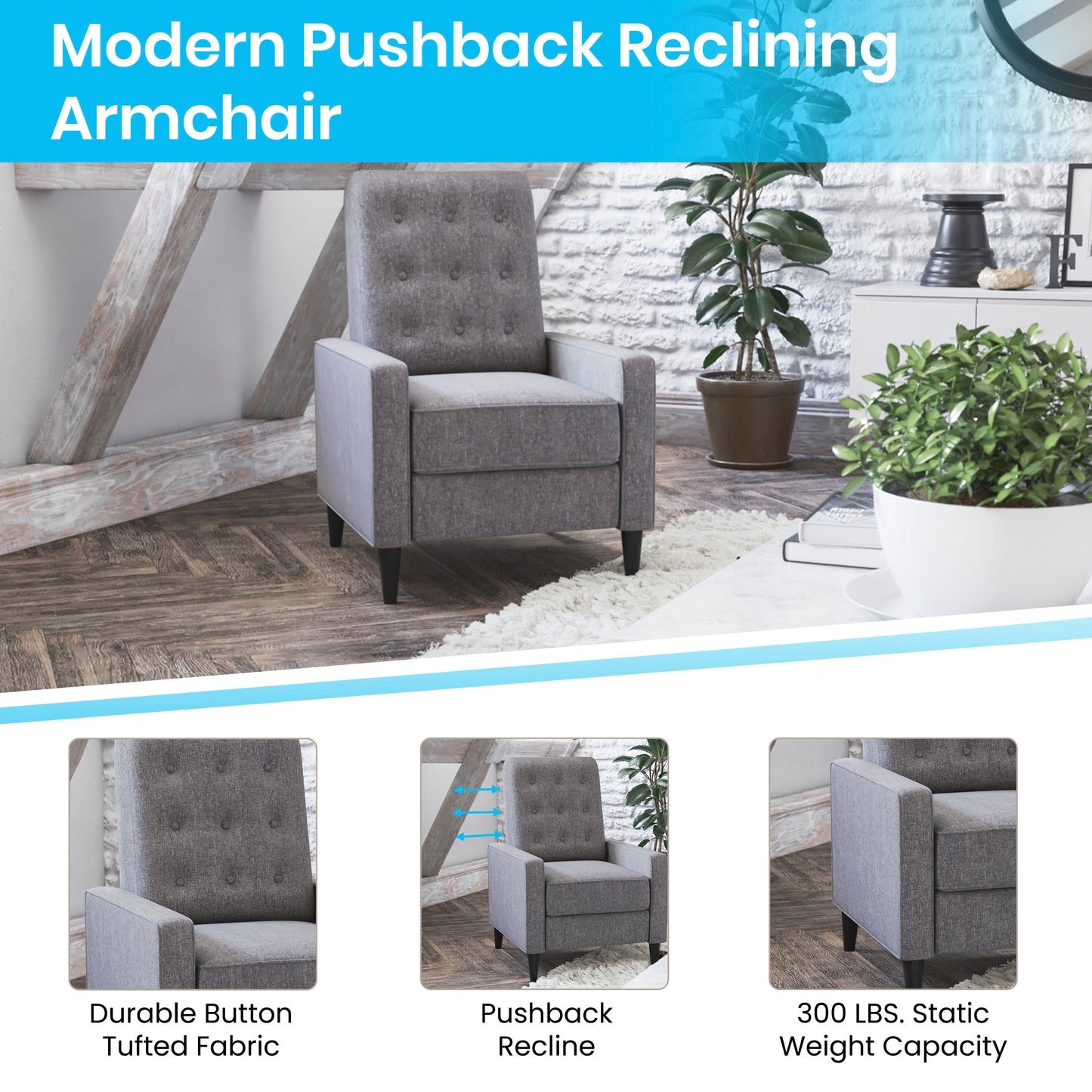 Ezra Mid-Century Modern Fabric Upholstered Button Tufted Pushback Recliner in Gray for Residential & Commercial Use Gray
