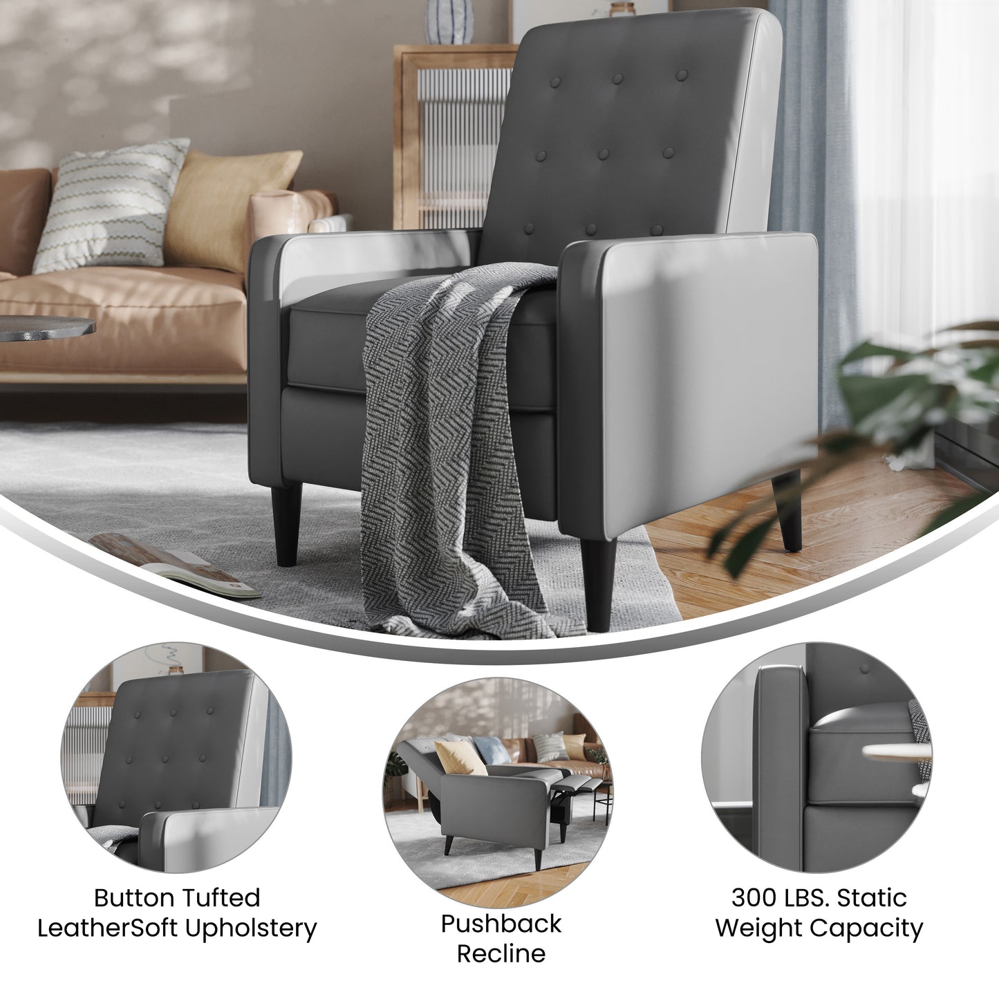 Ezra Mid-Century Modern LeatherSoft Upholstered Button Tufted Pushback Recliner in Light Gray for Residential & Commercial Use Light Gray