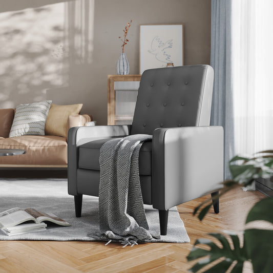 Ezra Mid-Century Modern LeatherSoft Upholstered Button Tufted Pushback Recliner in Light Gray for Residential & Commercial Use Light Gray