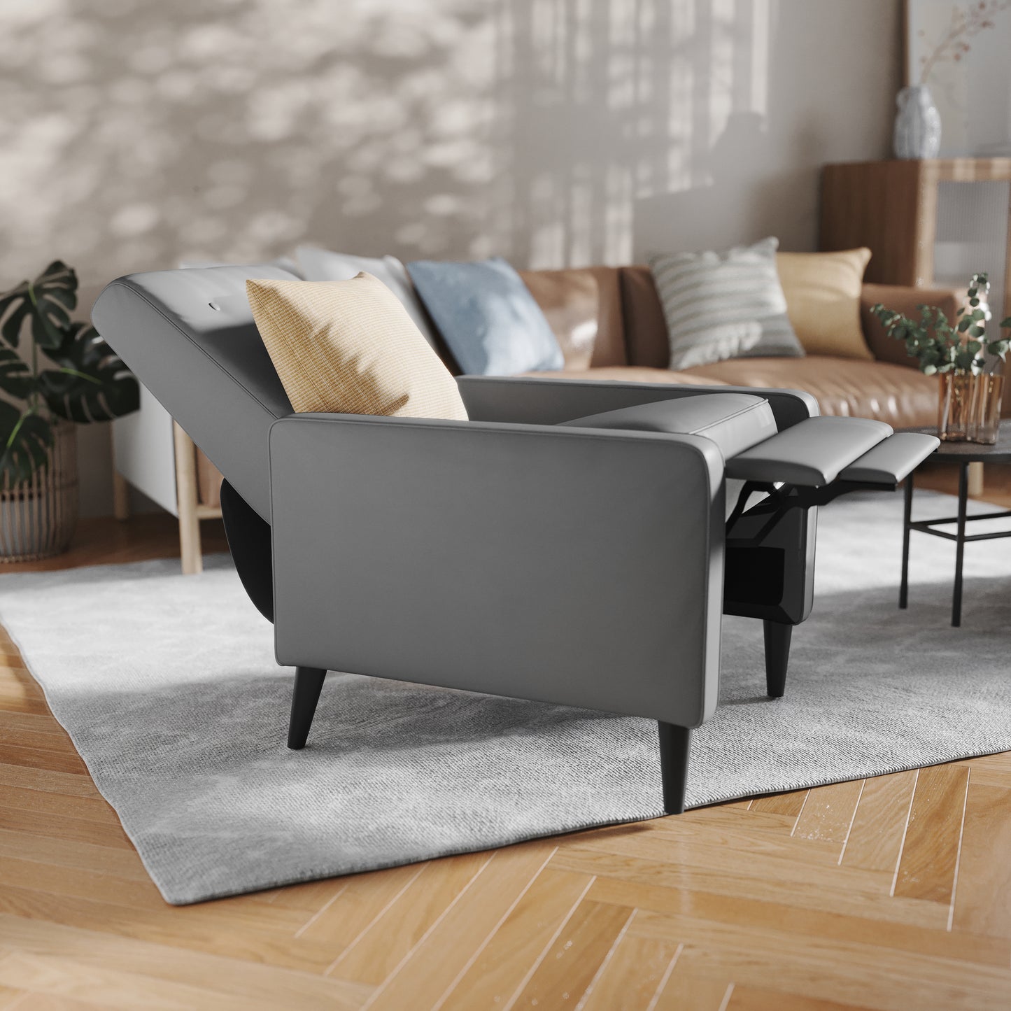 Ezra Mid-Century Modern LeatherSoft Upholstered Button Tufted Pushback Recliner in Light Gray for Residential & Commercial Use Light Gray