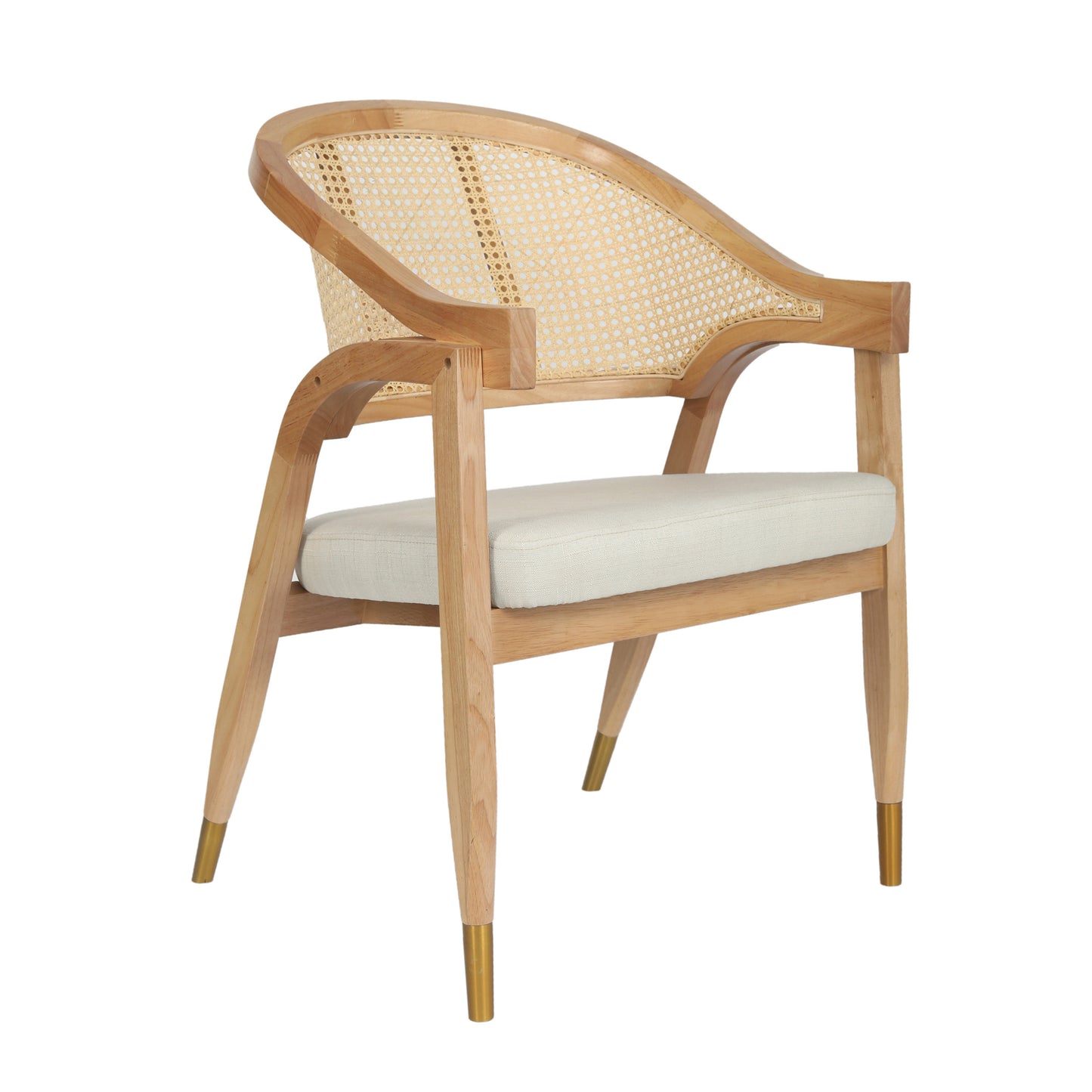 Naomi Commercial Cane Rattan Dining and Accent Chair with Solid Wood Frame Featuring Gold Tipped Legs and Beige Padded Seat in Natural Natural
